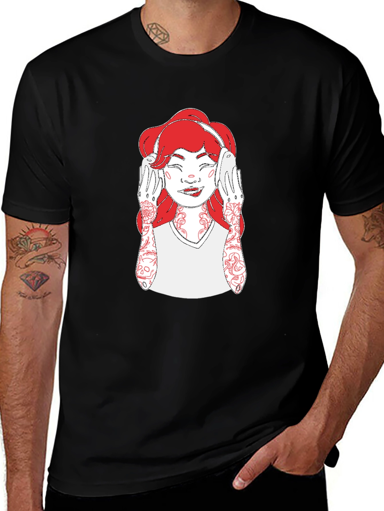 Variant 16 of Graphic Tee - Woman with Headphones Black T-Shirt
