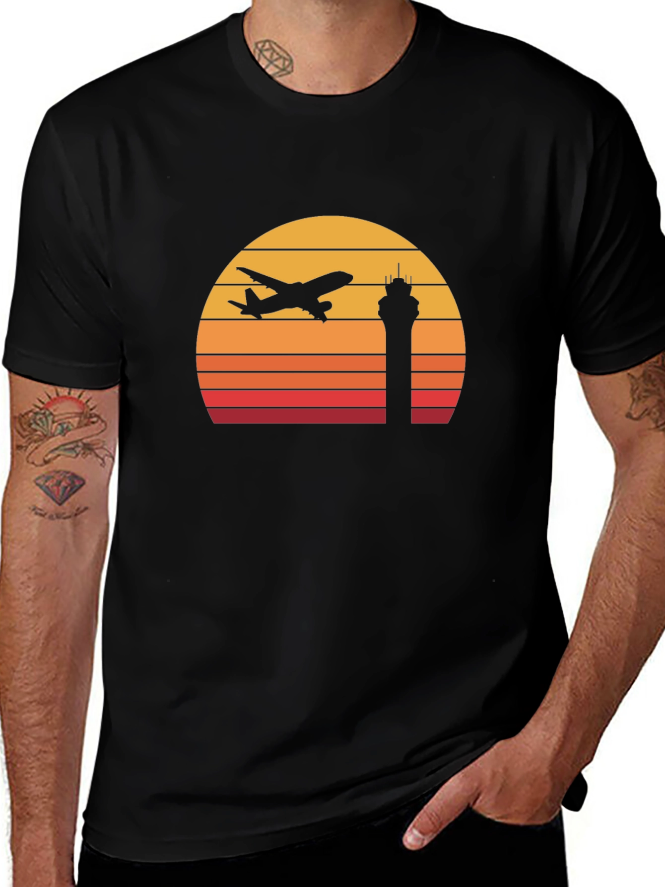Sunset Airport Tee - Airplane & Control Tower Graphic T-Shirt