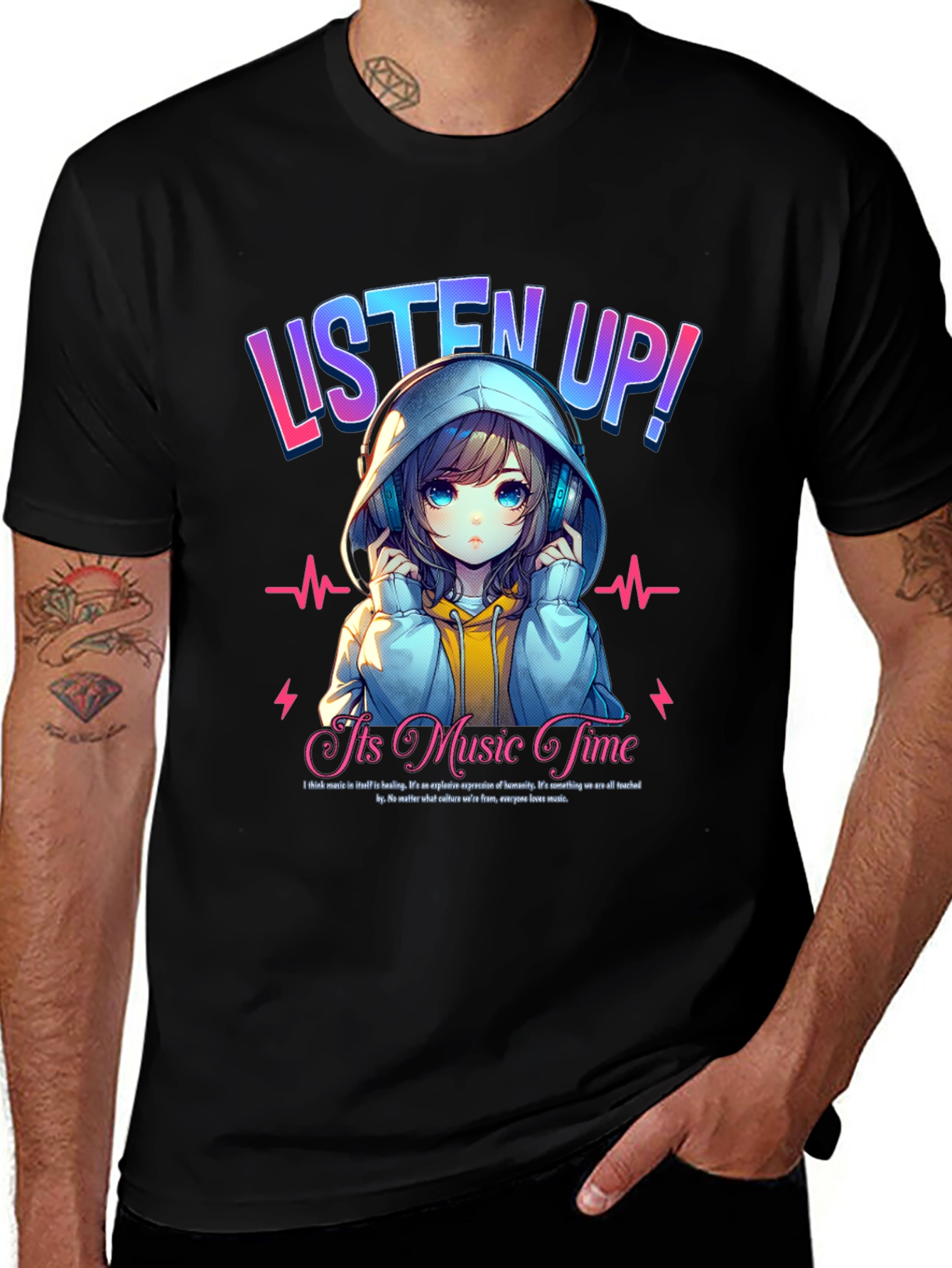 Variant 21 of Anime Girl 'Listen Up!' Black Graphic Tee