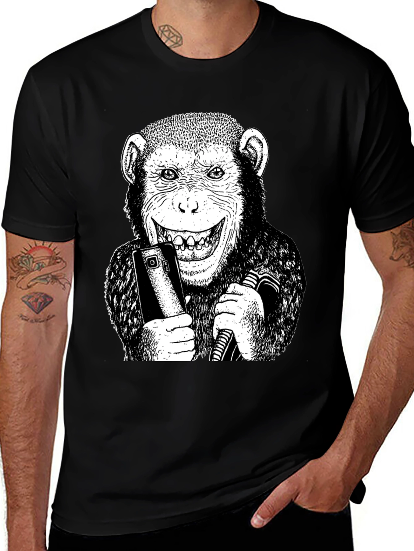 Variant 18 of Monkey Selfie Graphic Tee - Black Cotton Blend T-Shirt