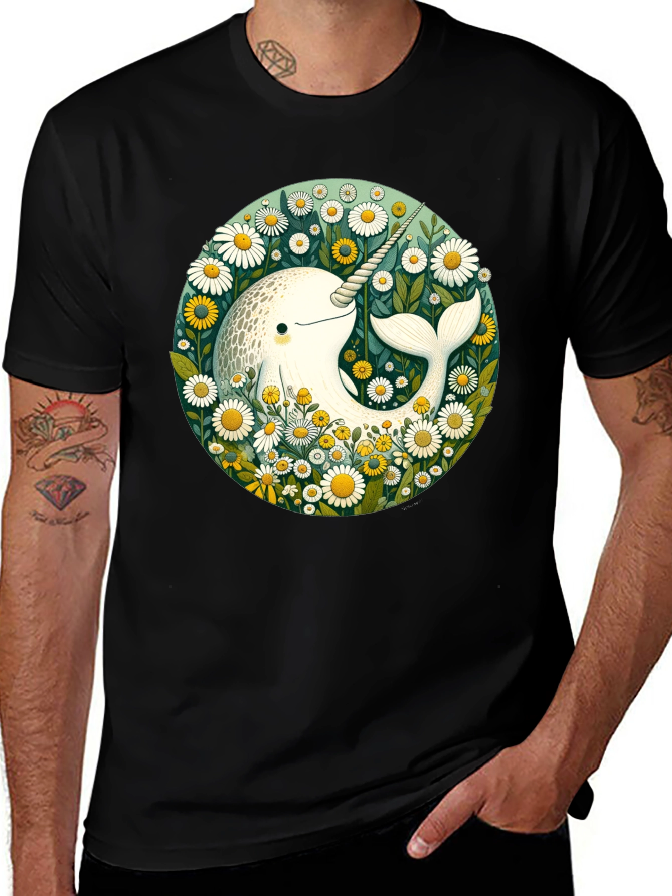 Variant 20 of Narwhal Floral T-Shirt - Whimsical Sea Creature Tee