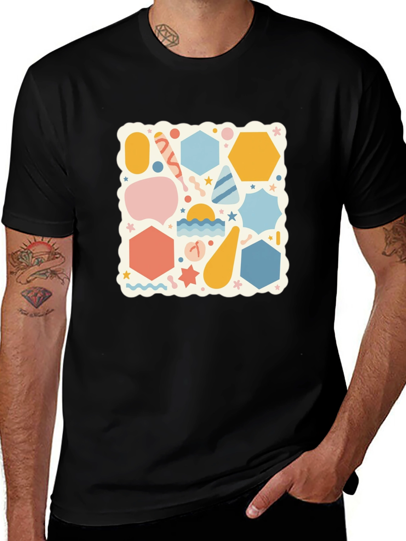 Black Funky Geometric Pattern Black T-Shirt main image