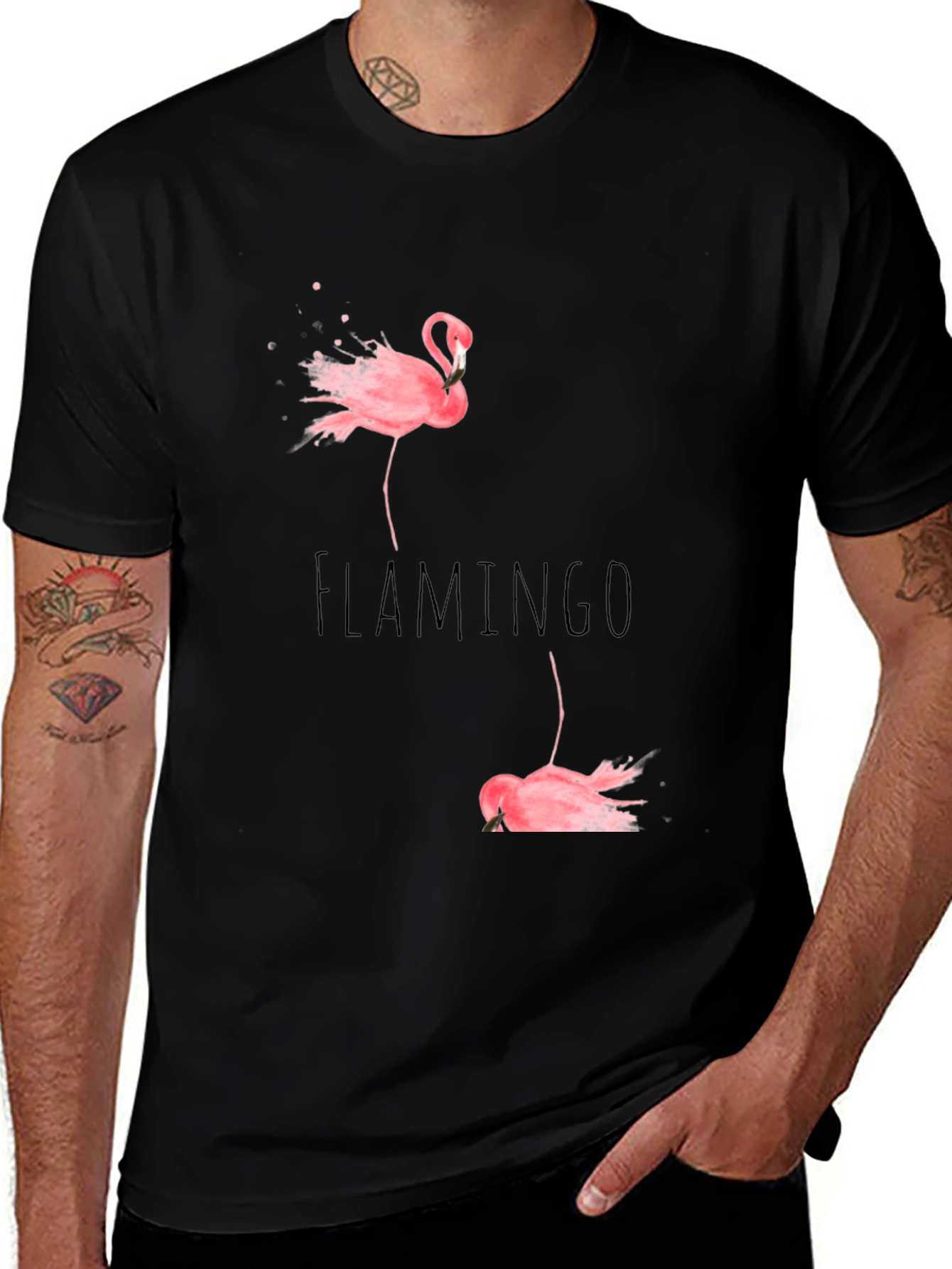 Variant 20 of Flamingo Print Black Cotton T-Shirt