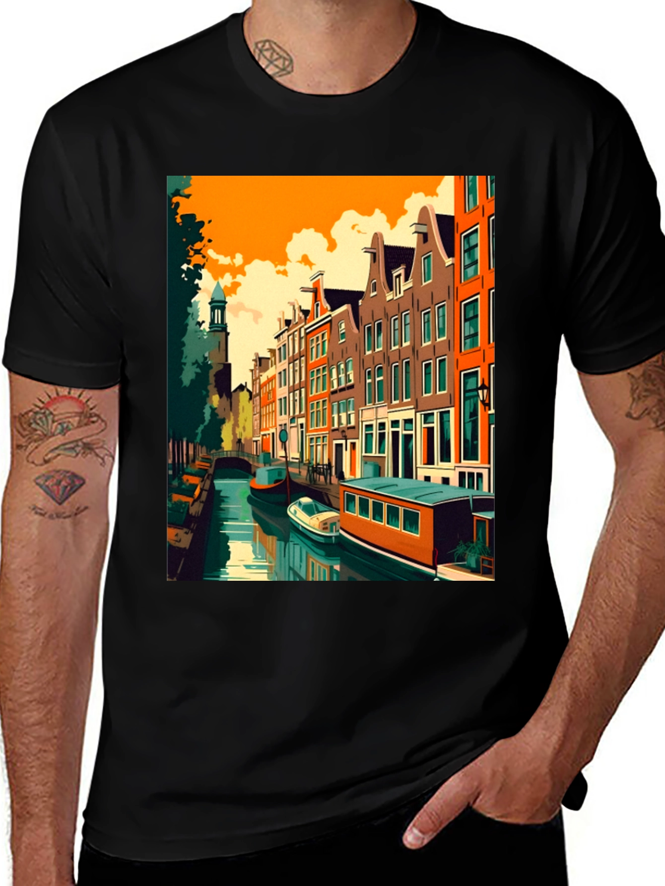 Amsterdam Canal Art T-Shirt - Modern Graphic Tee