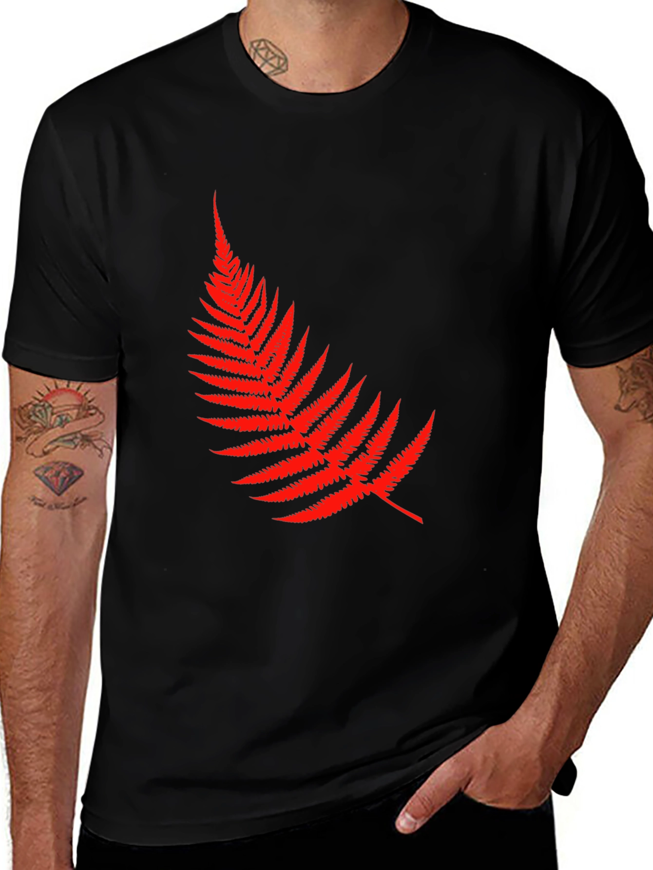 Red Fern Leaf Graphic Tee - Black Cotton T-Shirt