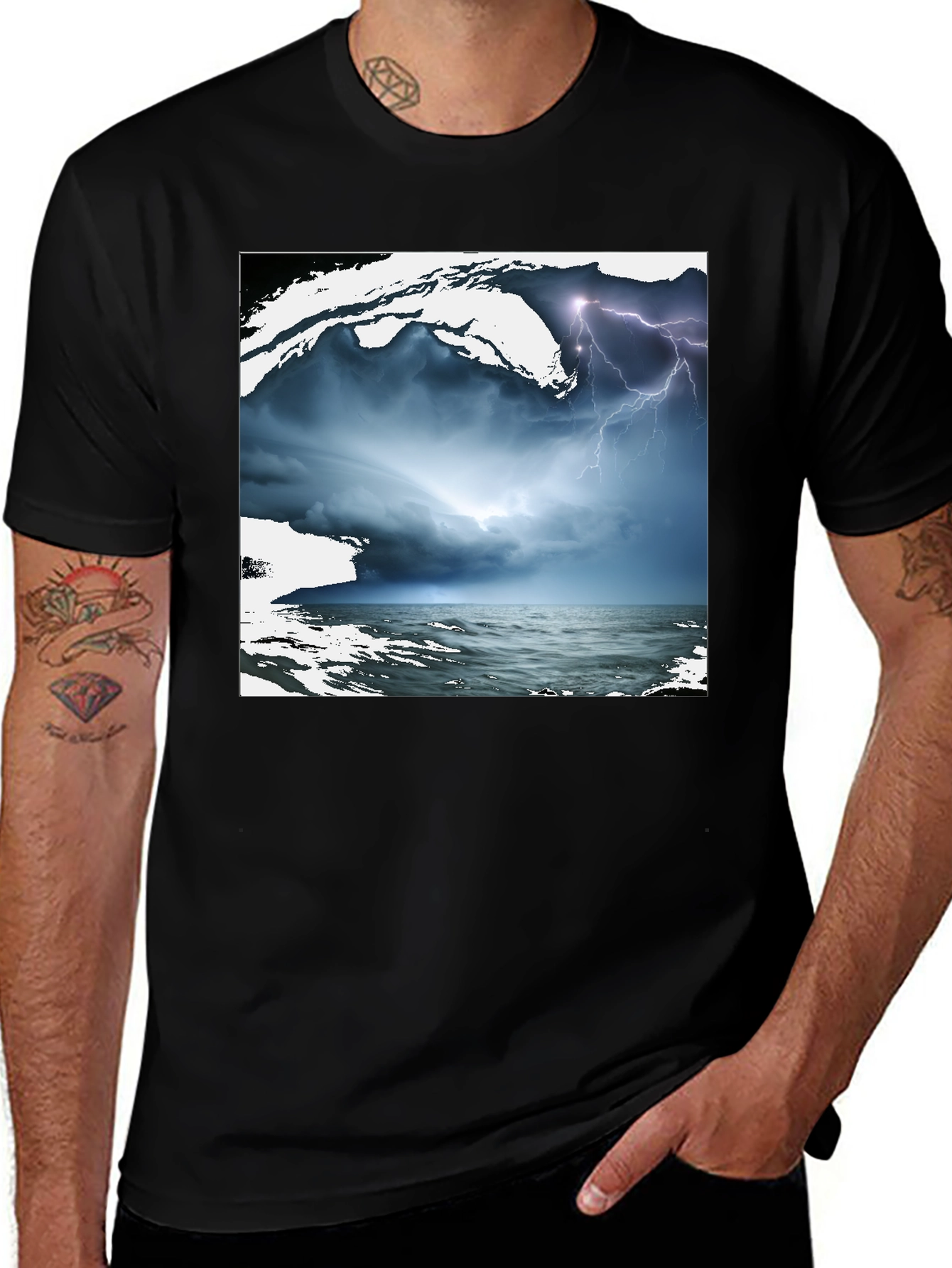 Variant 5 of Stormy Sea Graphic Tee - Black Cotton T-Shirt
