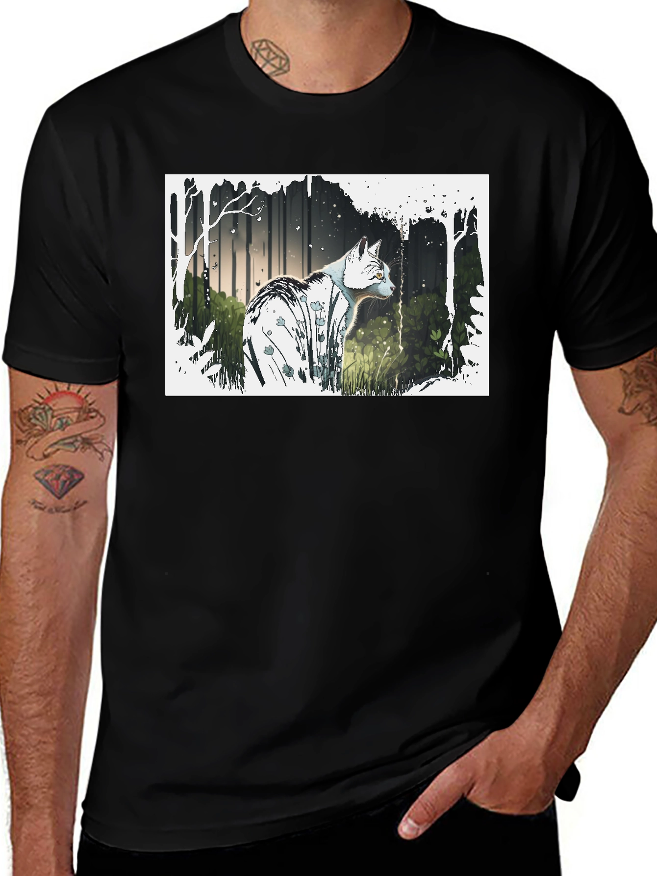 Variant 3 of Cat Forest Graphic Print Black T-Shirt
