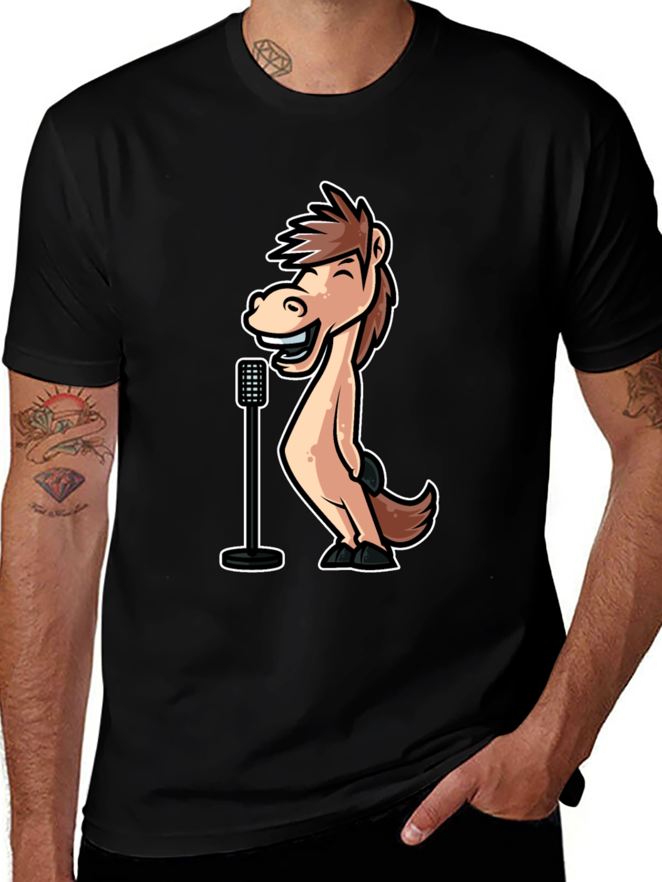 Variant 21 of Funny Horse Singer Graphic Tee - Black Cotton T-Shirt
