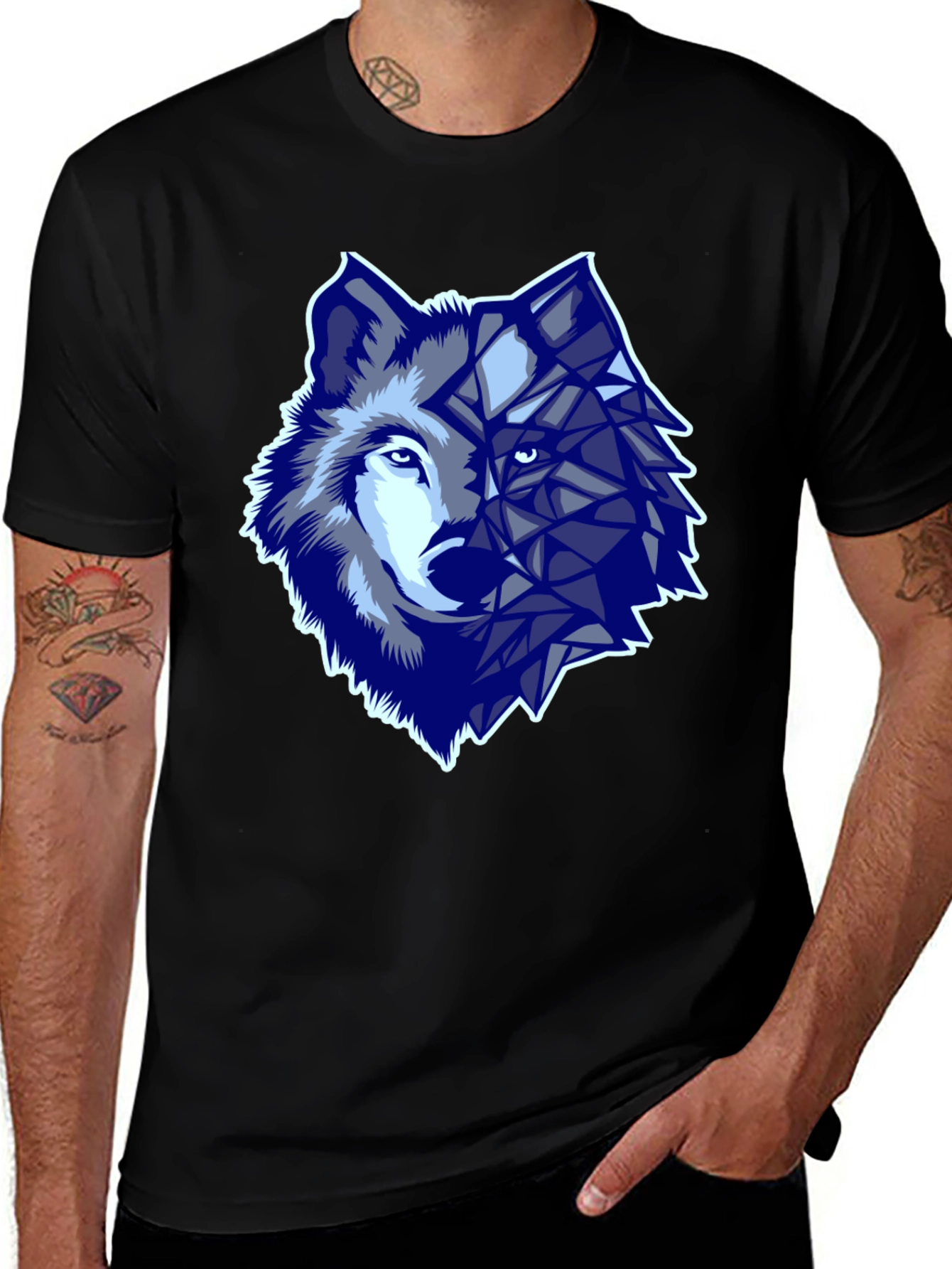 Variant 17 of Geometric Wolf Graphic Print Black T-Shirt