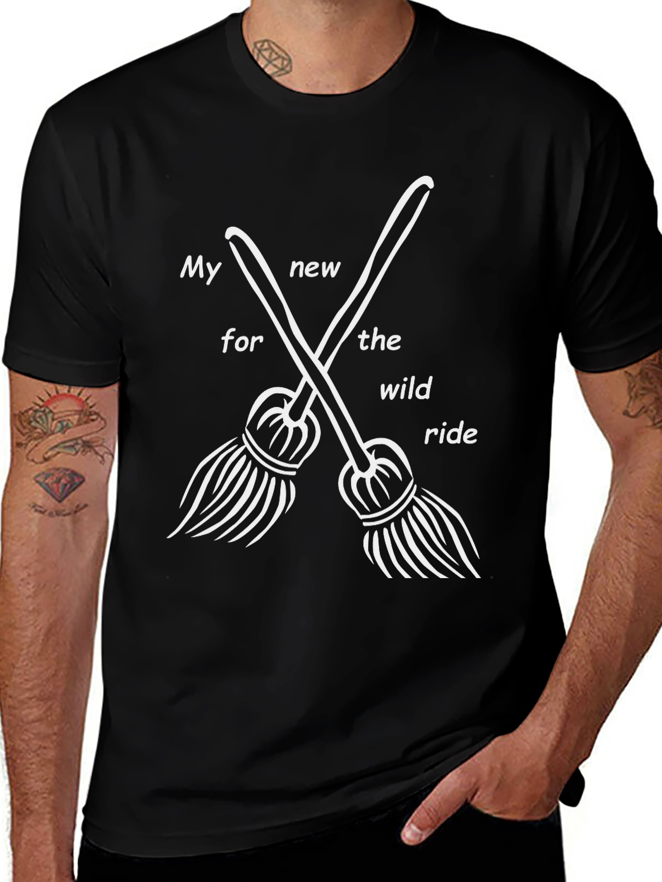 Variant 12 of Wild Ride Witch Broom Graphic Tee - Black Cotton T-Shirt