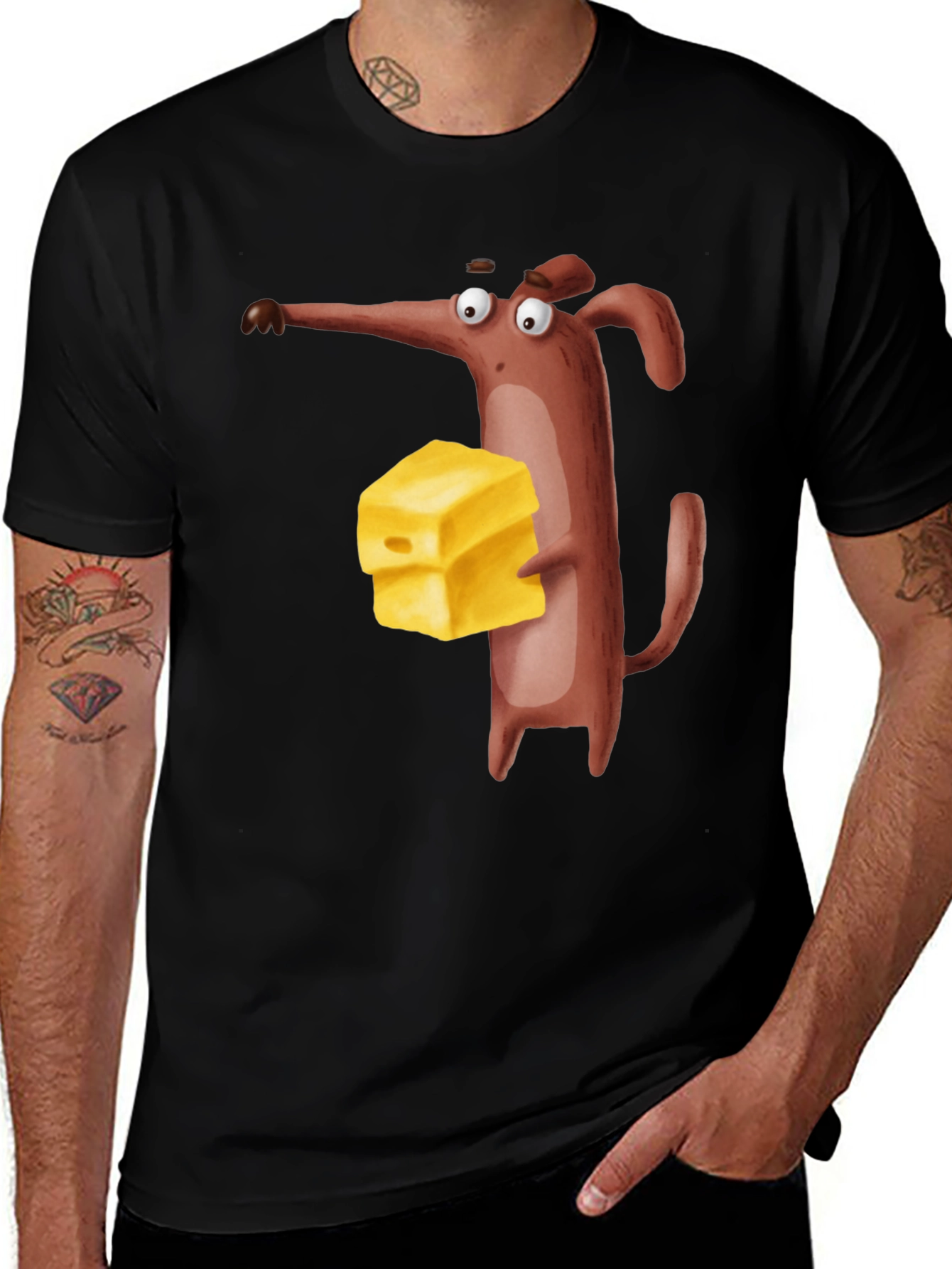 Variant 12 of Cartoon Mouse with Cheese Black T-Shirt