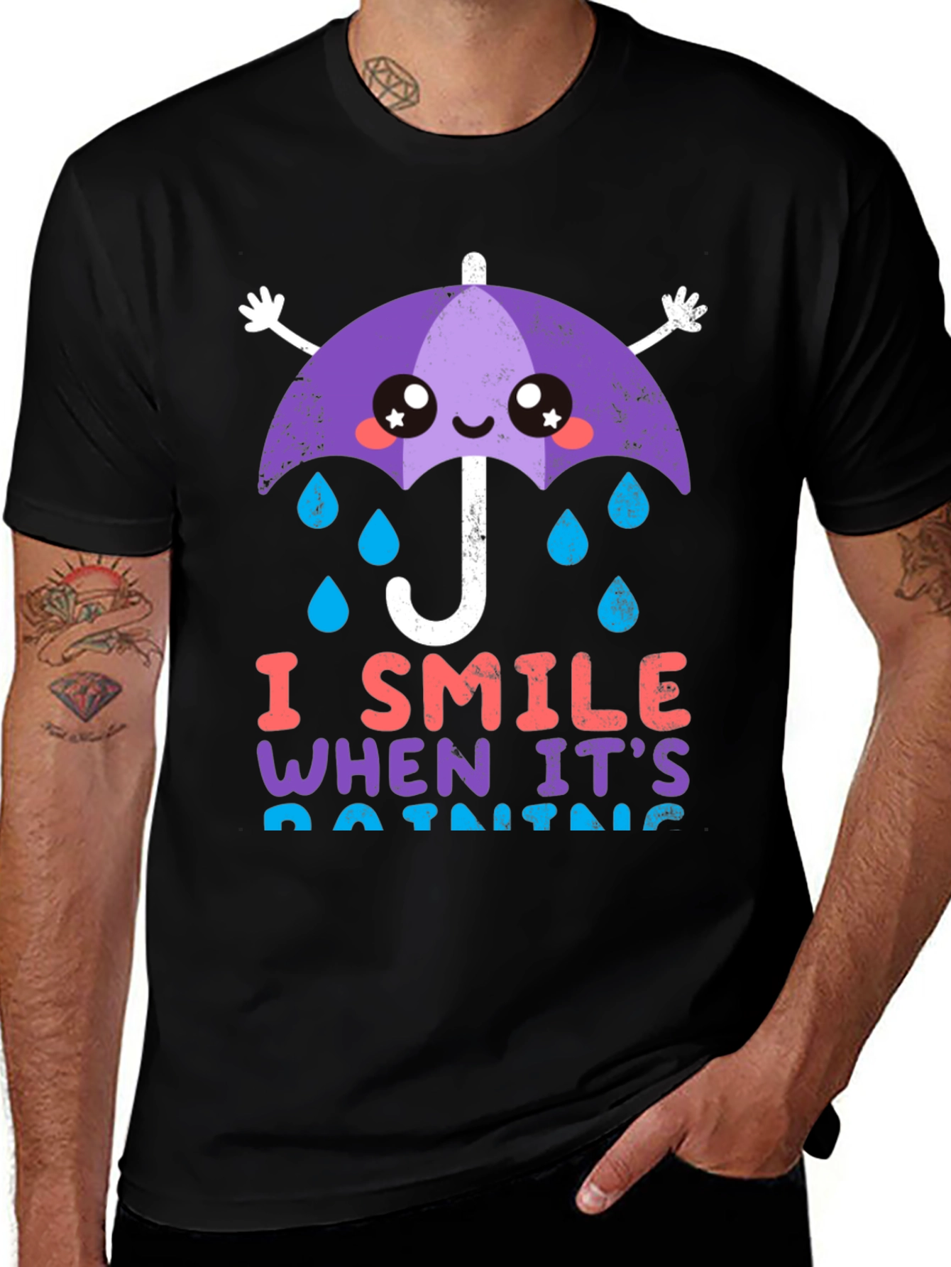Rainy Day Smile Graphic Tee - Black Cotton Comfort