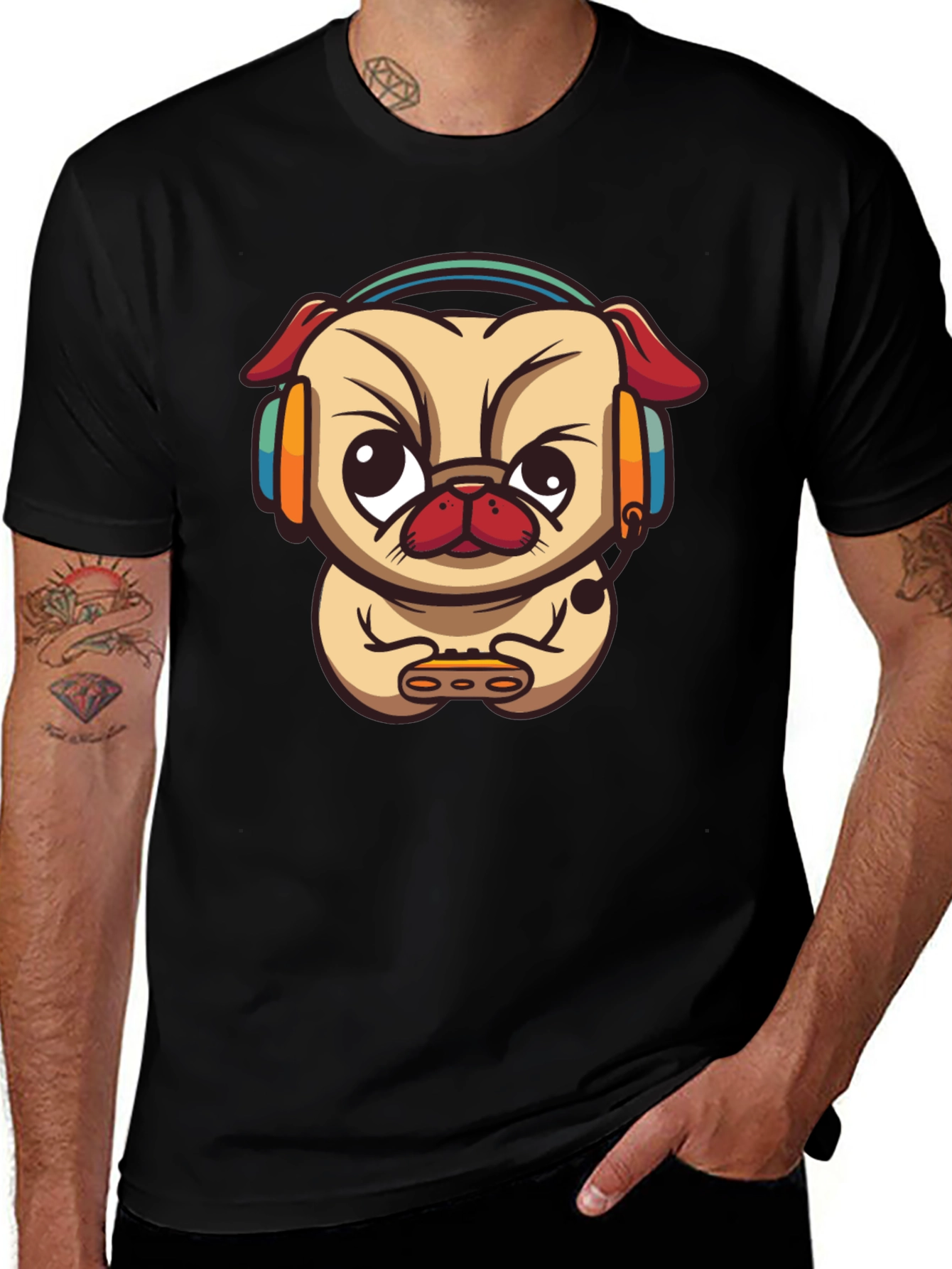 Variant 30 of Gamer Pug Graphic Tee - Black Cotton T-Shirt
