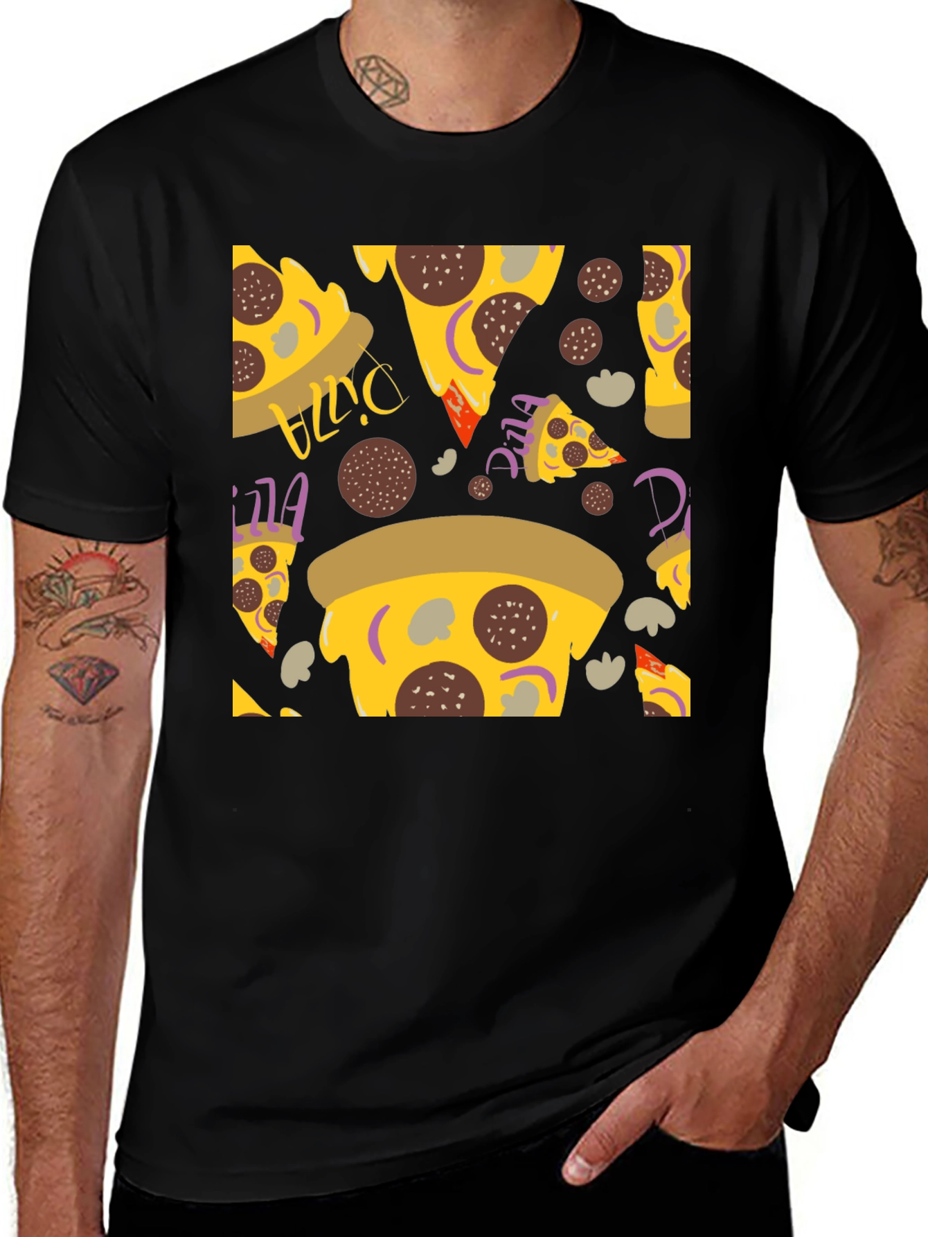 Variant 17 of Pizza Pattern Black T-Shirt