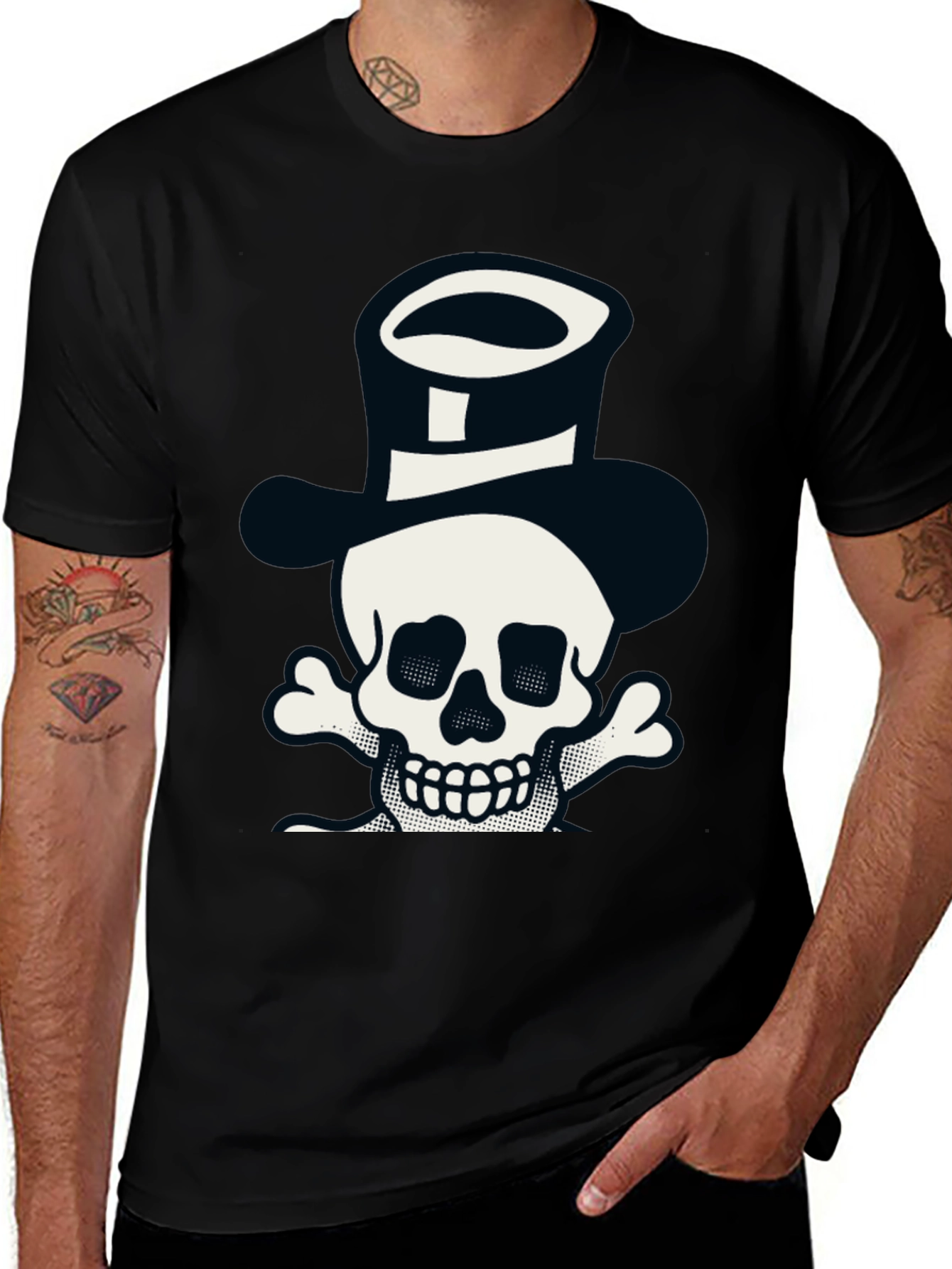 Variant 21 of Skull in Top Hat Graphic Tee - Black Cotton Shirt