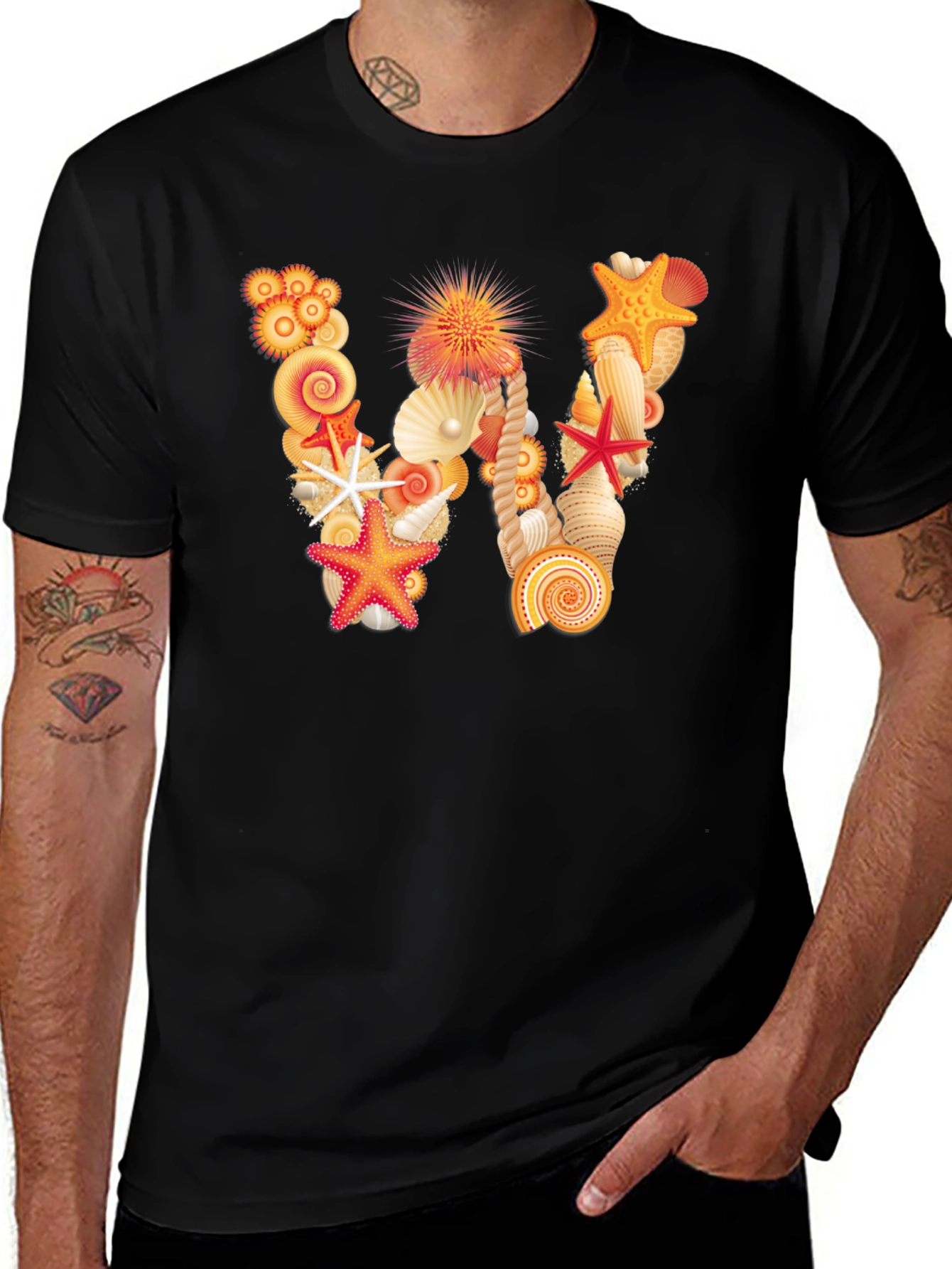 Seashell Letter W Black T-Shirt
