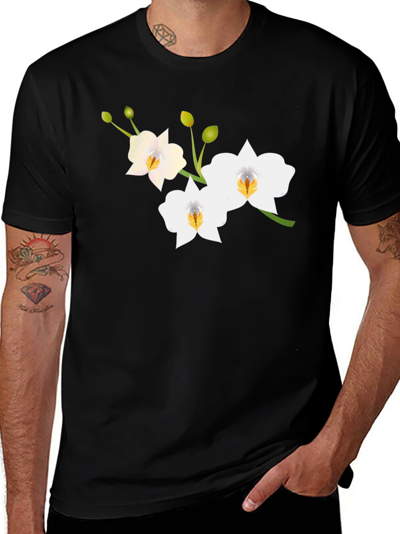 Variant 2 of Floral Orchid Print Black T-Shirt