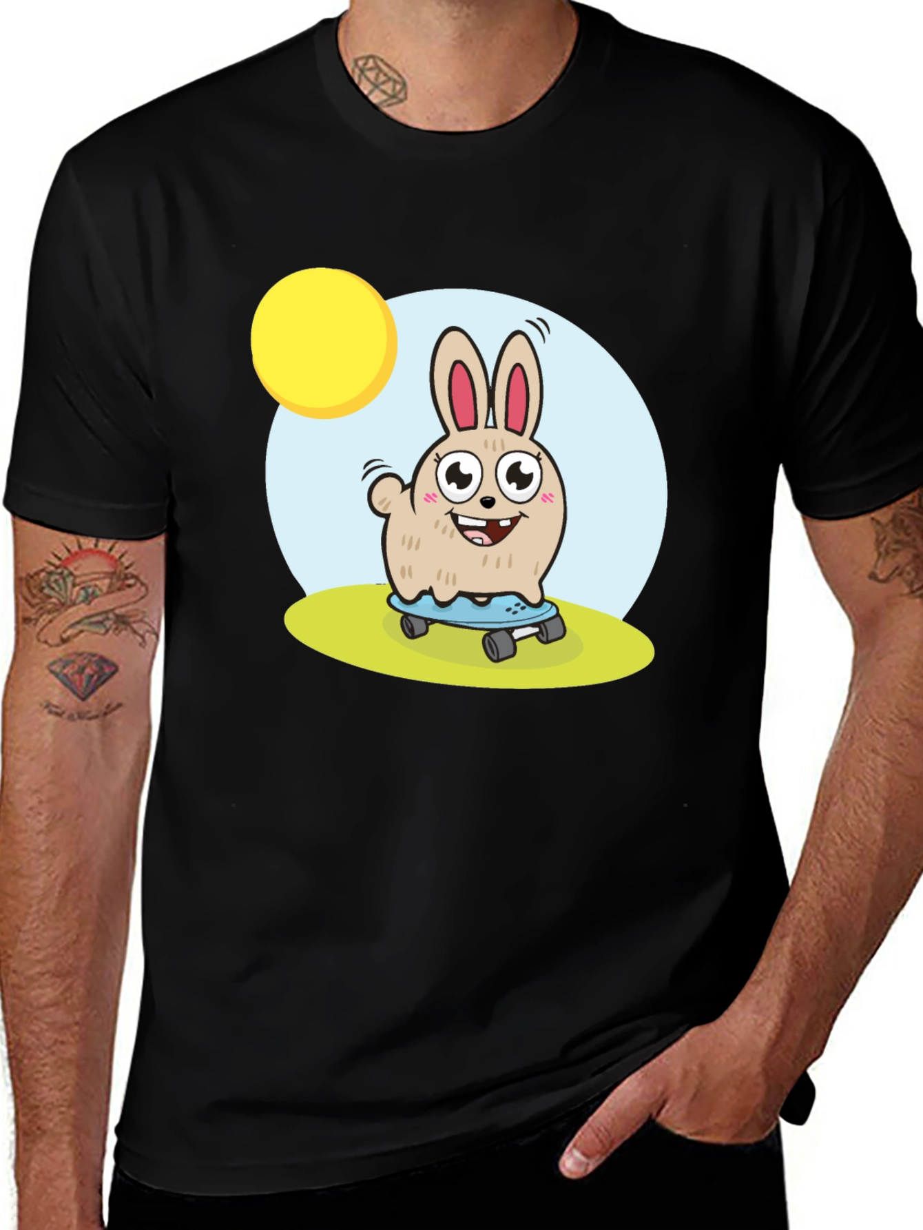 Variant 19 of Skateboarding Bunny Graphic Tee - Black Cotton T-Shirt