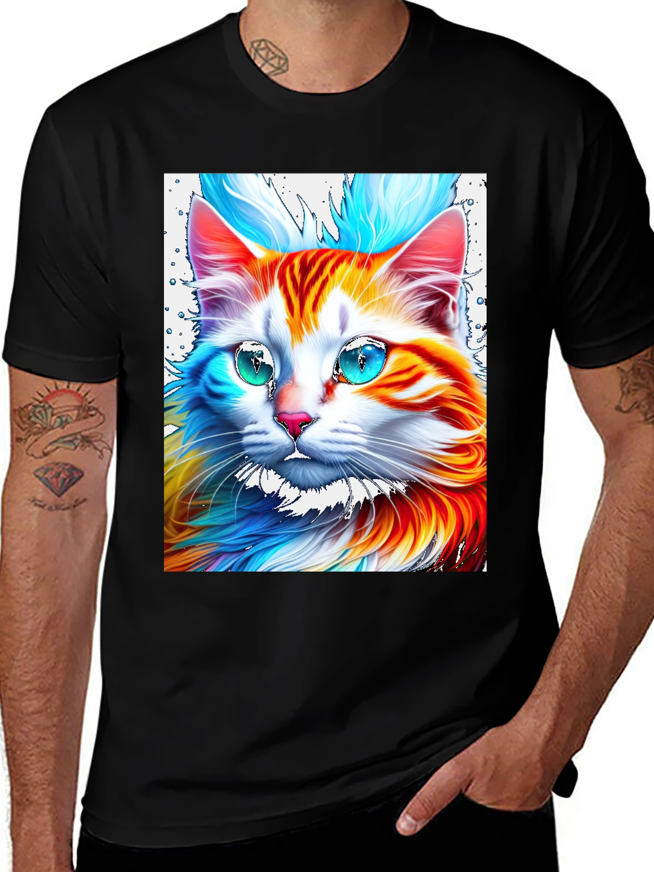 Variant 9 of Vibrant Cat Graphic Tee - Stylish Men's Black T-Shirt