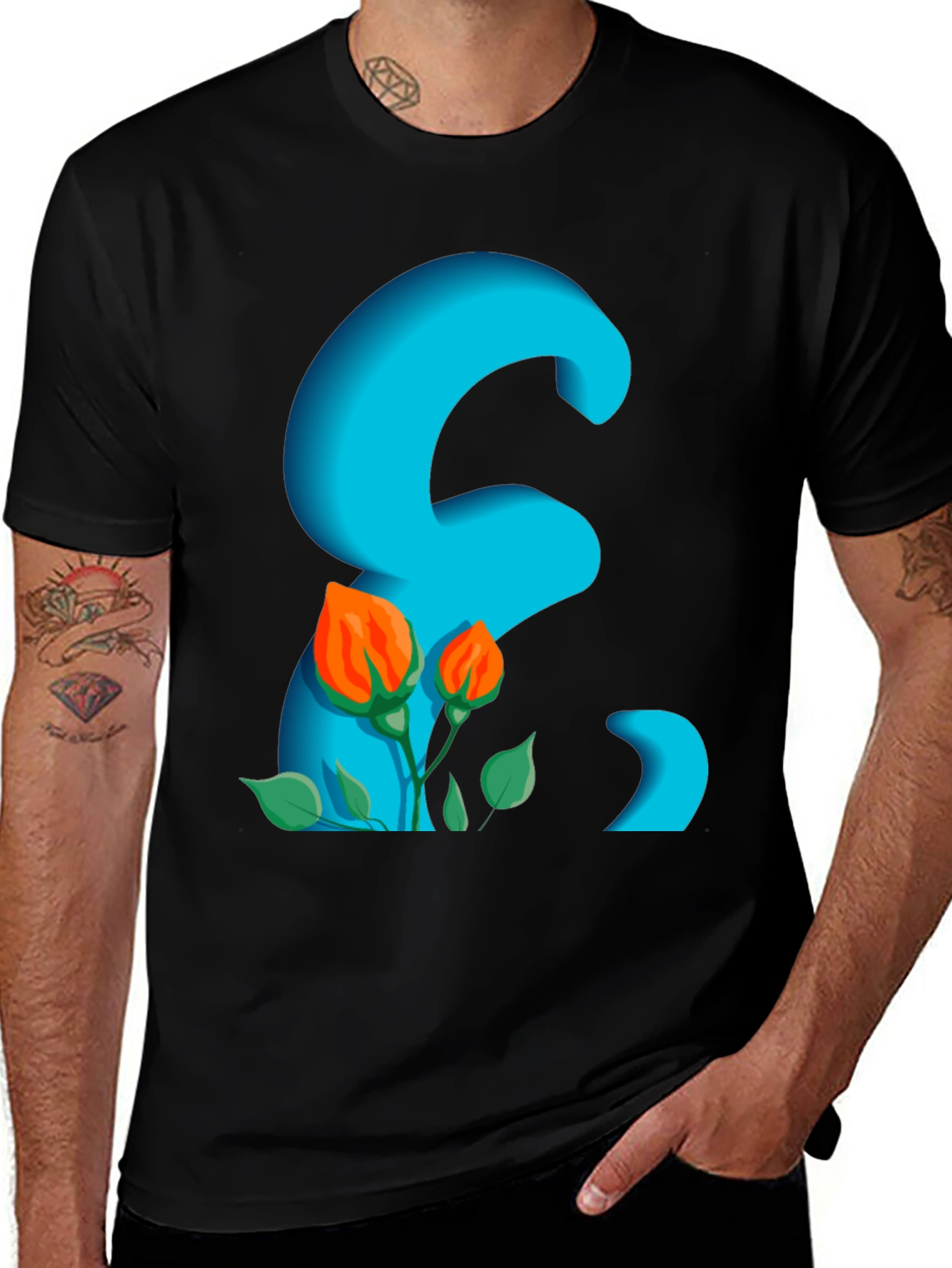 Variant 9 of Floral Letter Graphic Black T-Shirt