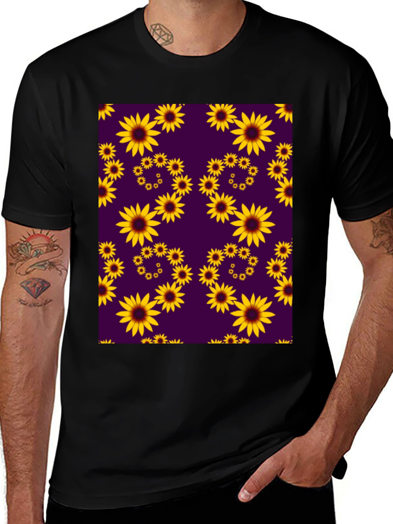 Variant 21 of Sunflower Pattern Black T-Shirt