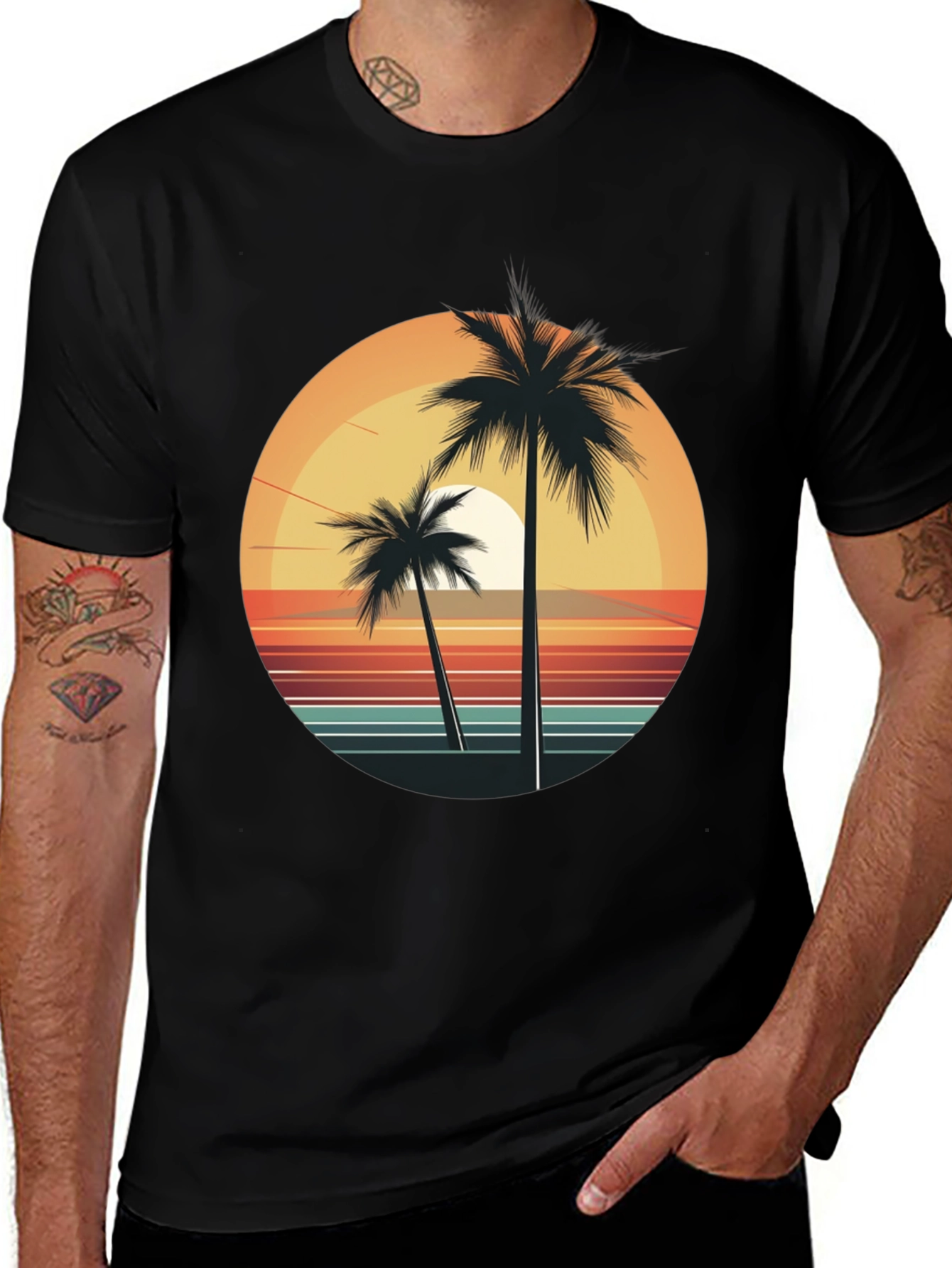 Variant 24 of Retro Palm Tree Sunset Graphic Tee - Black