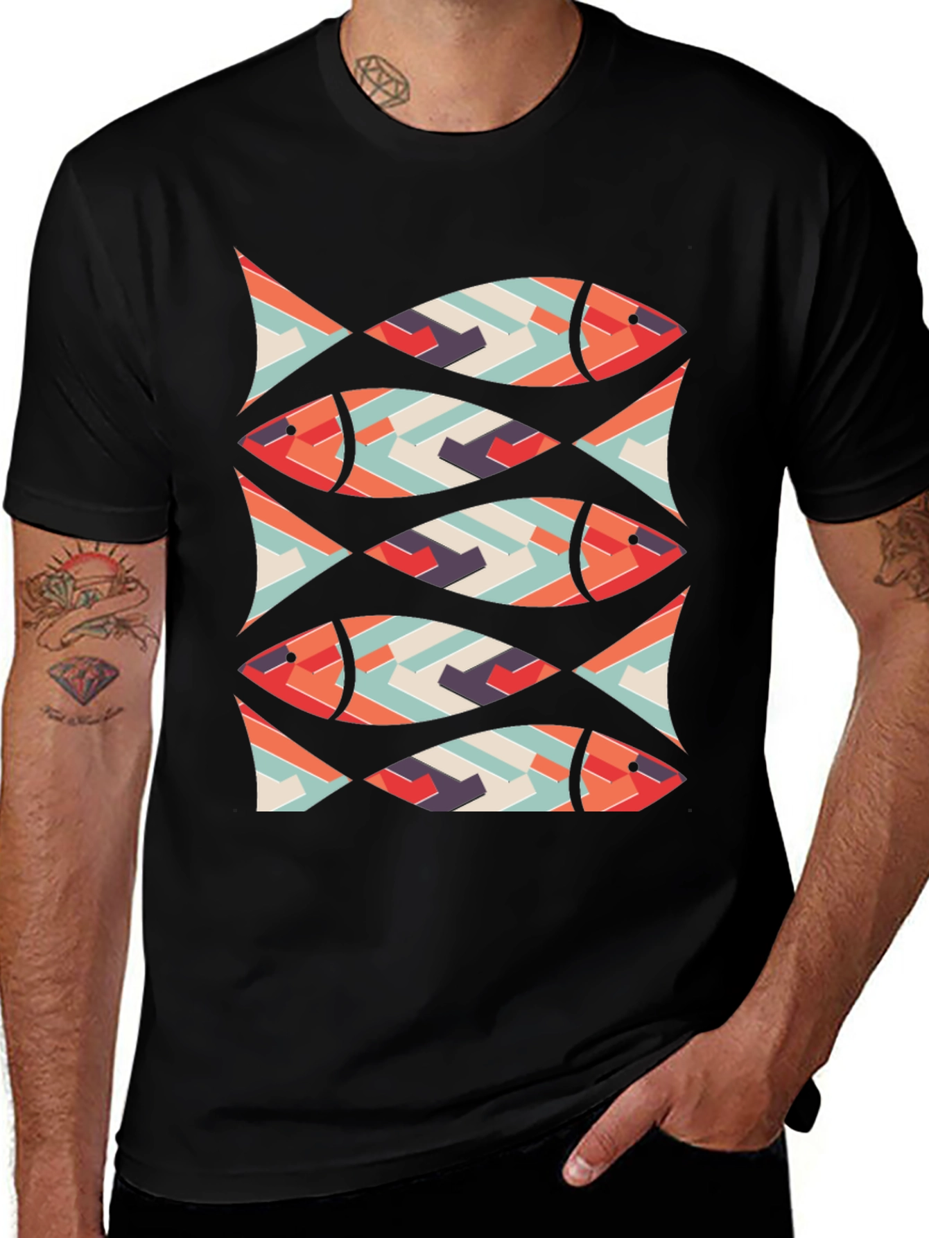 Variant 21 of Geometric Fish Pattern Black T-Shirt