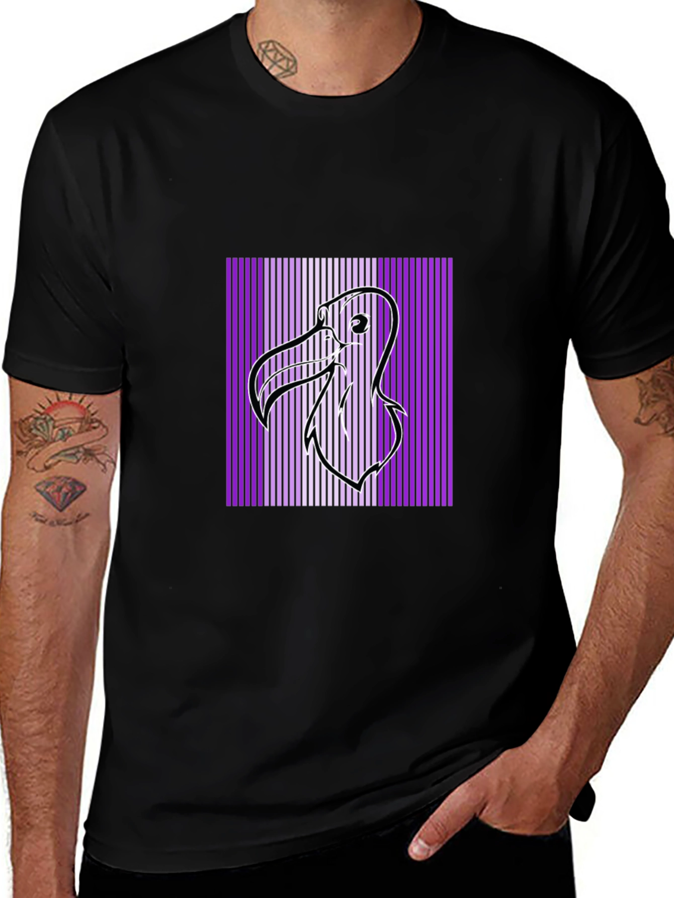 Retro Flamingo Graphic Tee - Purple Striped Design