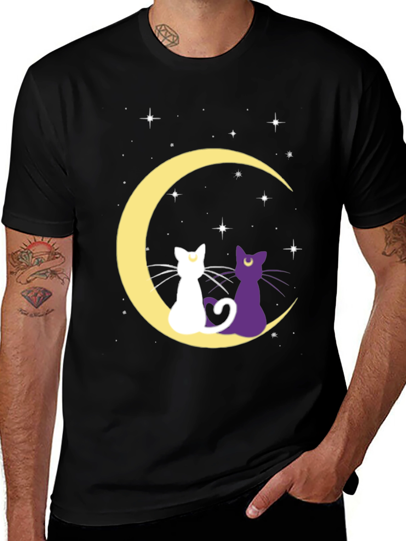 Variant 28 of Cats on Moon Graphic Tee - Black Crew Neck T-Shirt