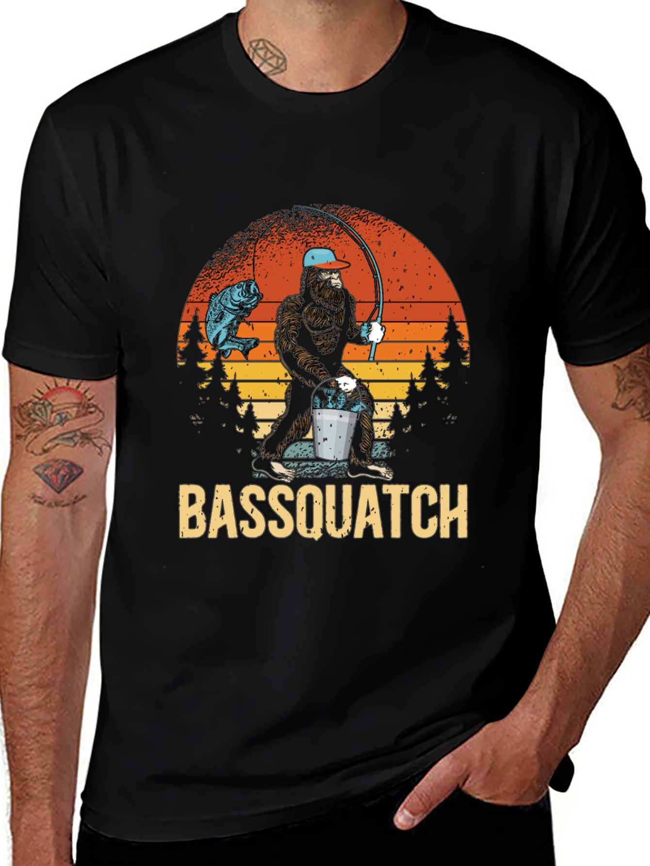 Bassquatch Fishing Graphic T-Shirt - Bigfoot Angler Tee