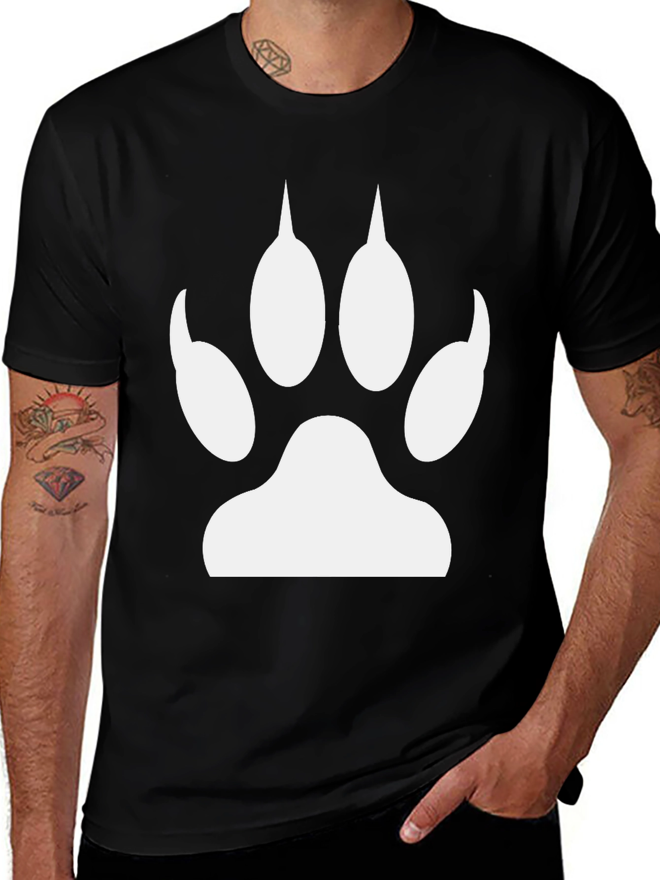 Variant 24 of Men's Black T-Shirt with White Paw Print Graphic