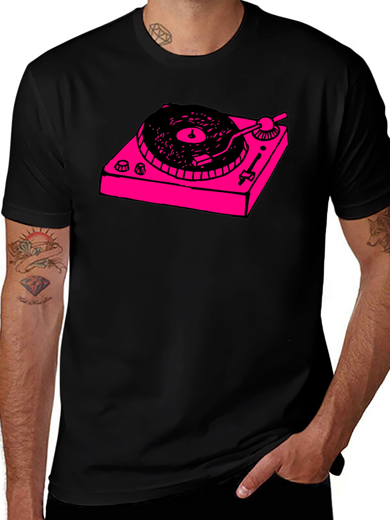 Variant 11 of Pink Turntable Graphic Black T-Shirt