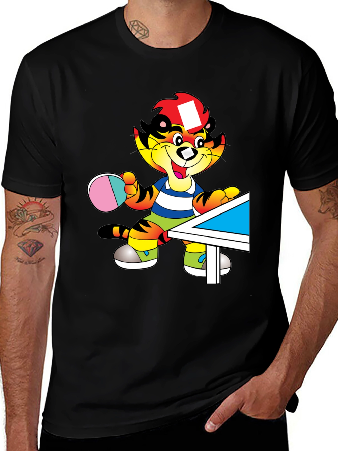 Variant 2 of Cartoon Tiger Table Tennis Black T-Shirt