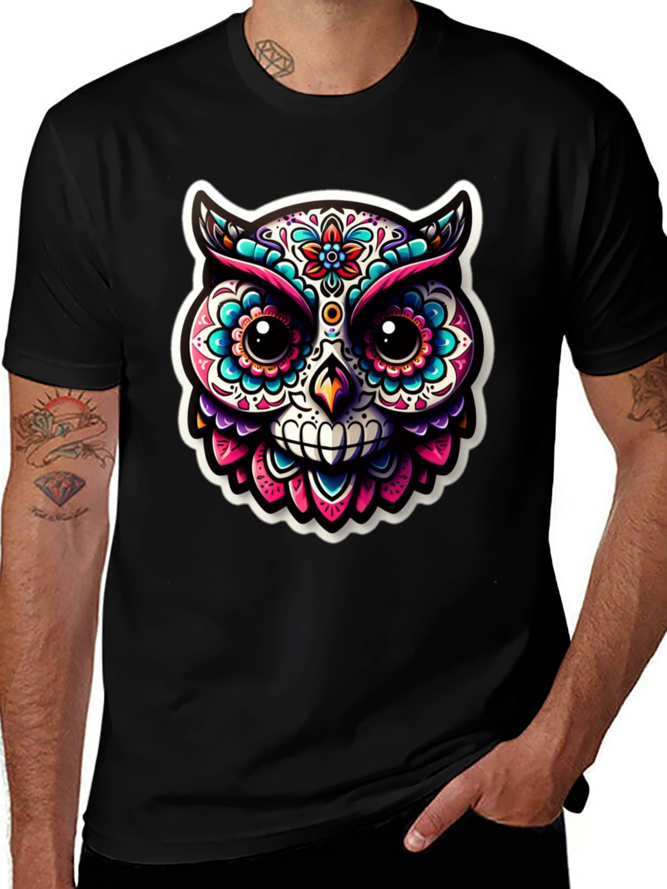 Variant 23 of Sugar Skull Owl Graphic T-Shirt - Black