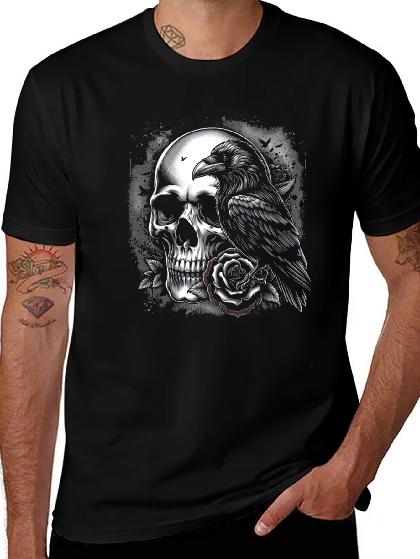 Skull Raven Rose Graphic Tee - Dark Aesthetic T-Shirt