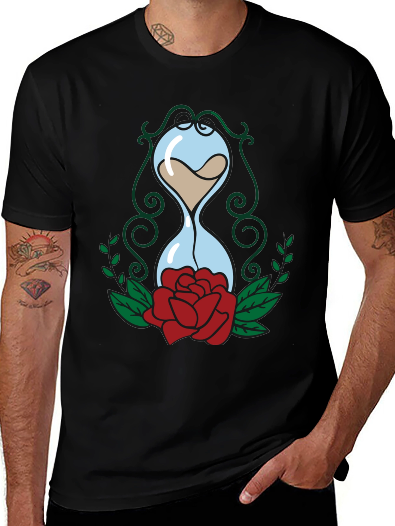Hourglass & Rose Graphic Tee - Black Cotton