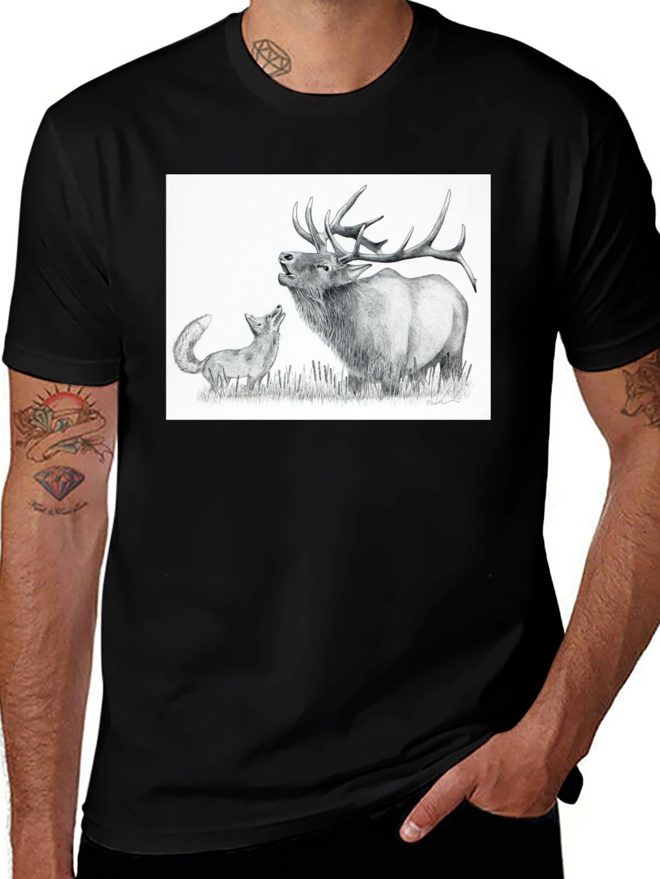 Variant 10 of Elk and Fox Graphic T-Shirt - Black, Unique Design