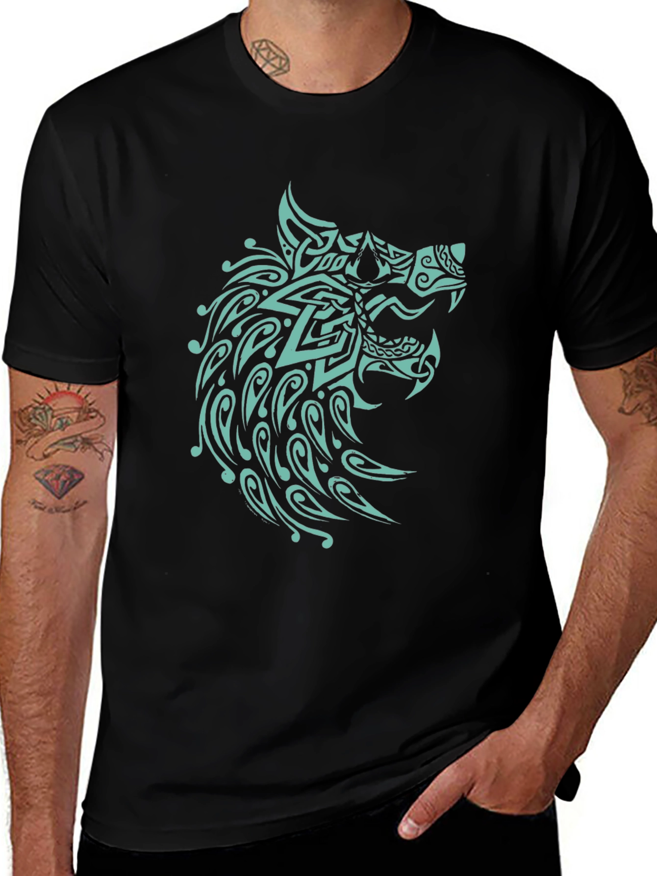 Variant 7 of Black T-Shirt with Turquoise Wolf Design