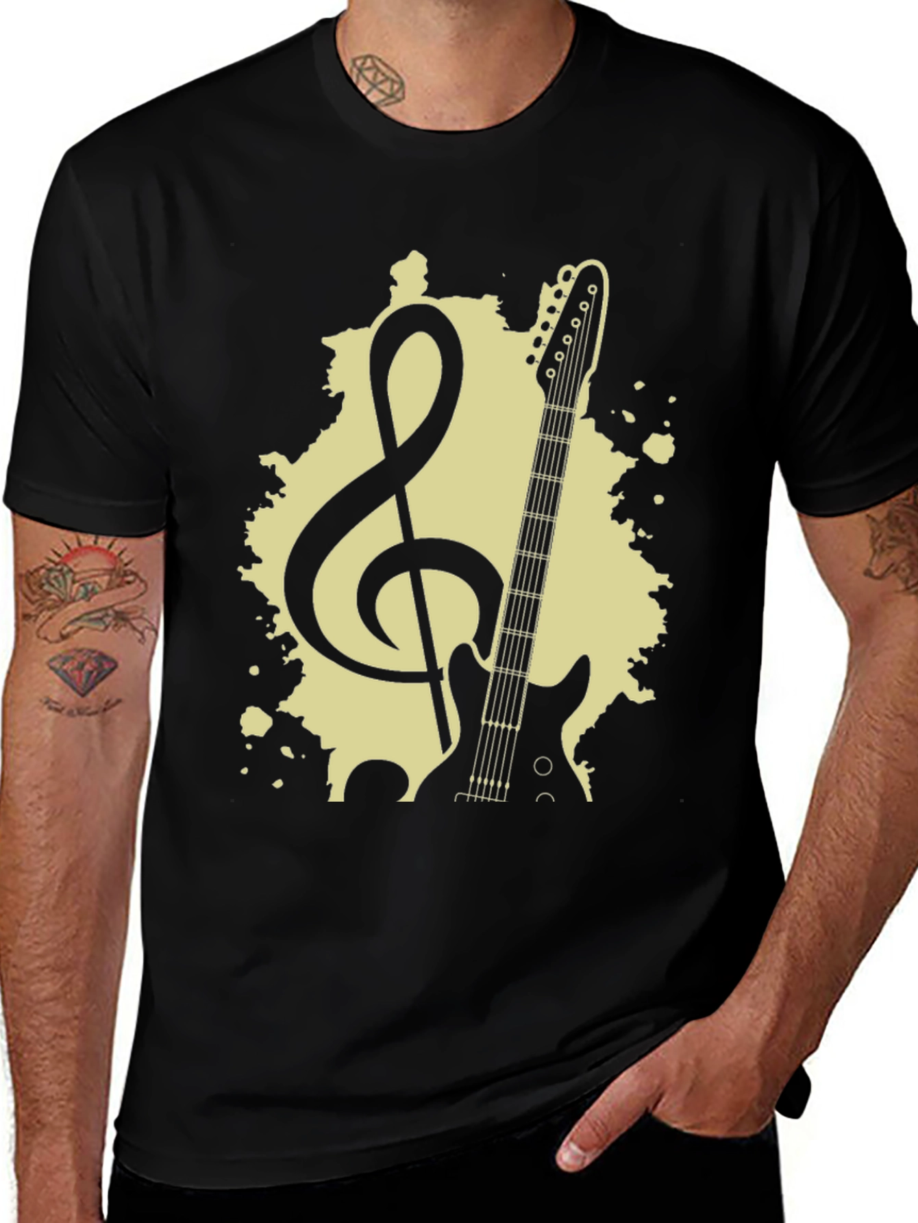 Variant 21 of Guitar & Treble Clef Graphic Tee - Black Cotton Blend