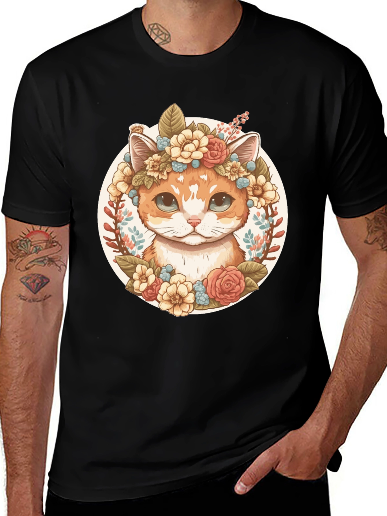 Variant 26 of Cute Cat Flower Crown Graphic Tee - Black