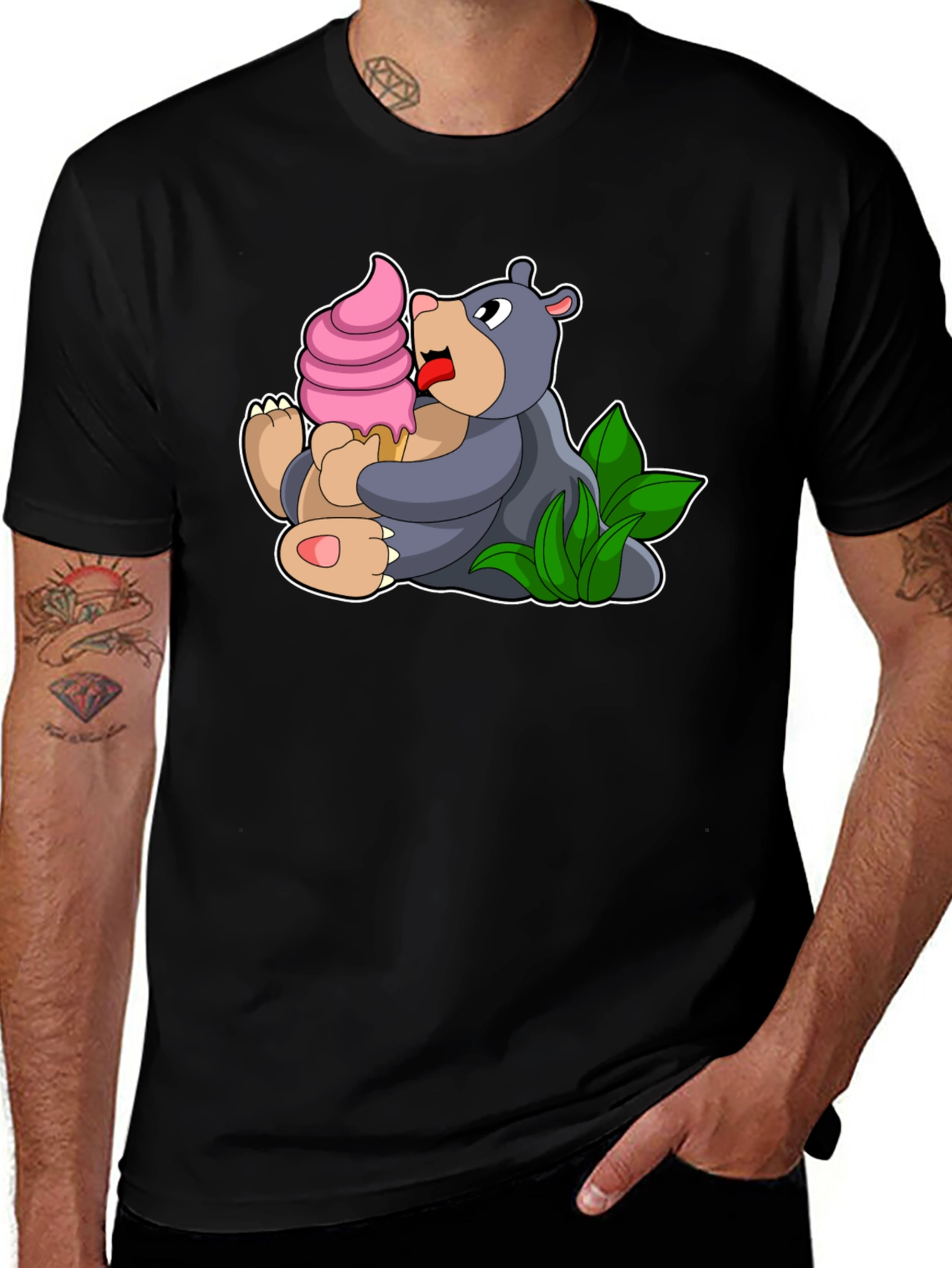 Variant 17 of Cute Bear Eating Ice Cream Black T-Shirt