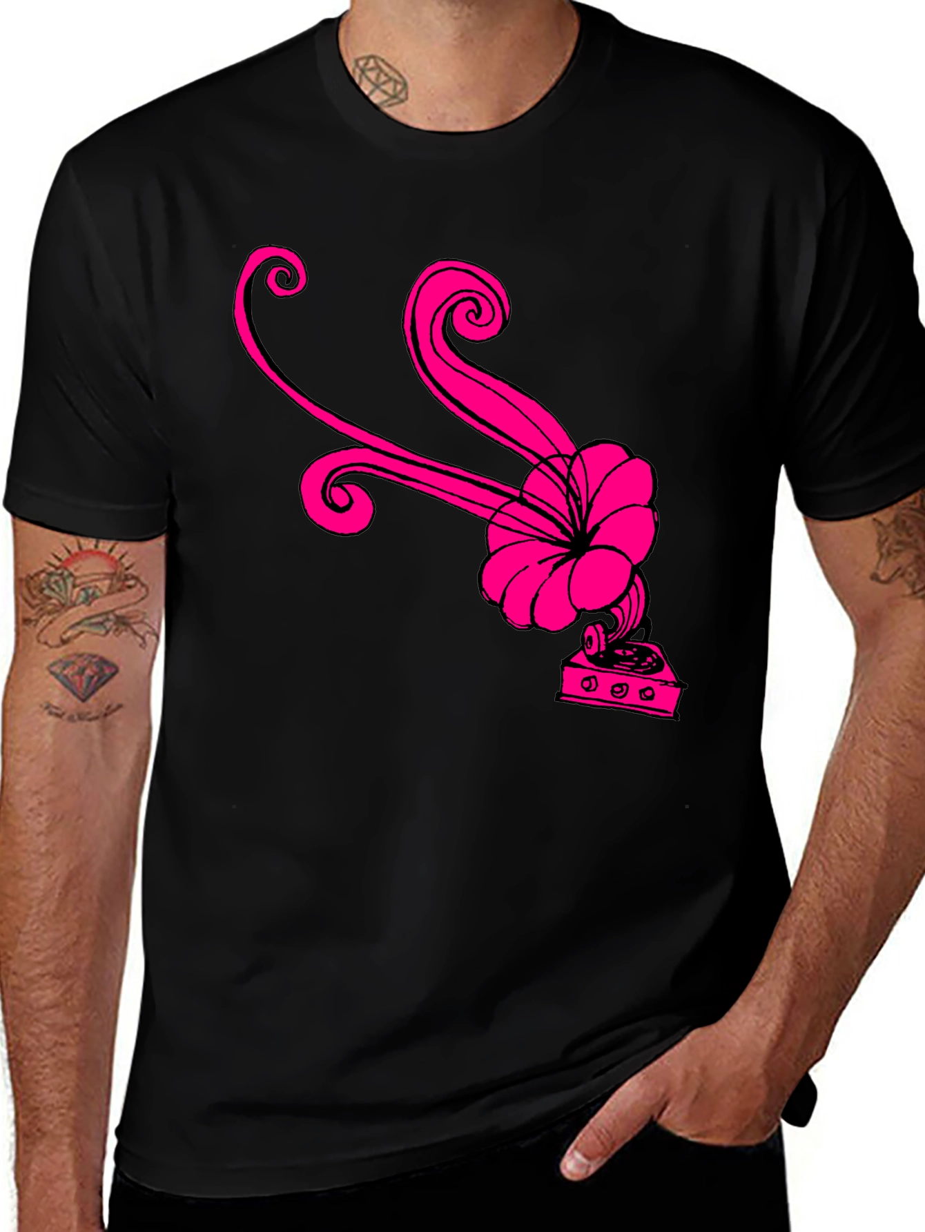 Black T-Shirt with Retro Pink Gramophone Design