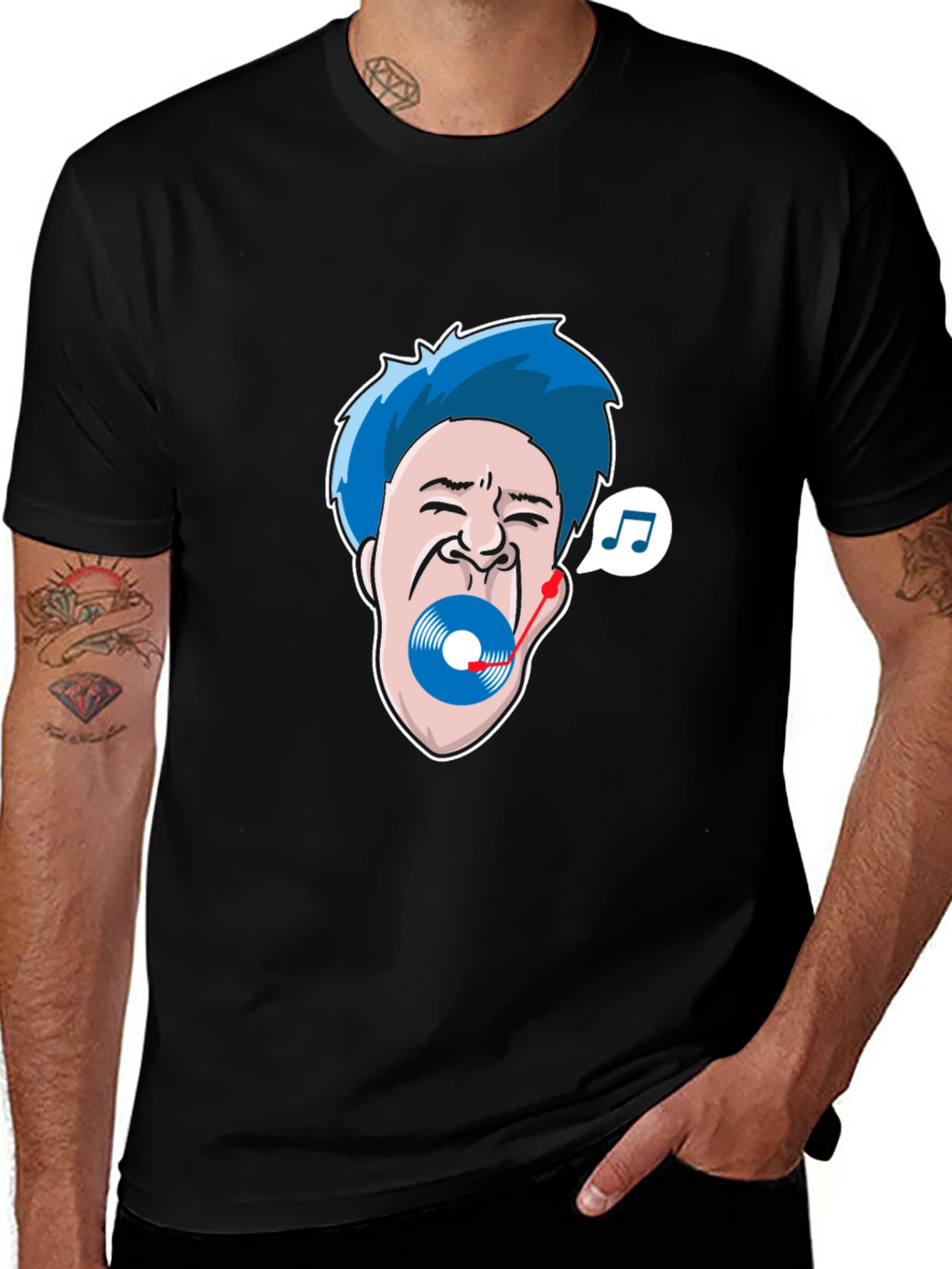 Variant 23 of Blue Hair DJ Cartoon Graphic Black T-Shirt