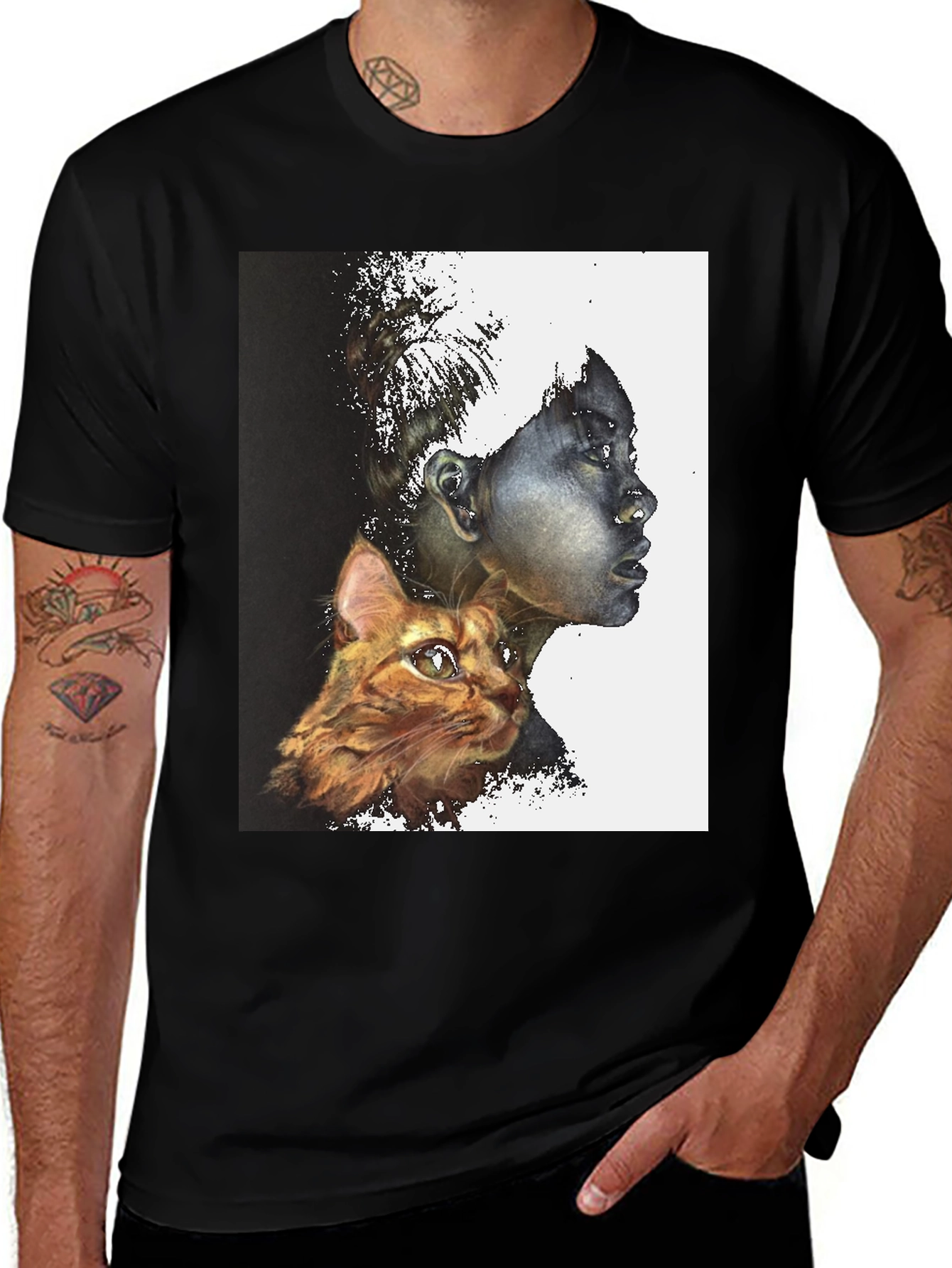 Variant 21 of Artistic Woman and Cat Print Black Tee