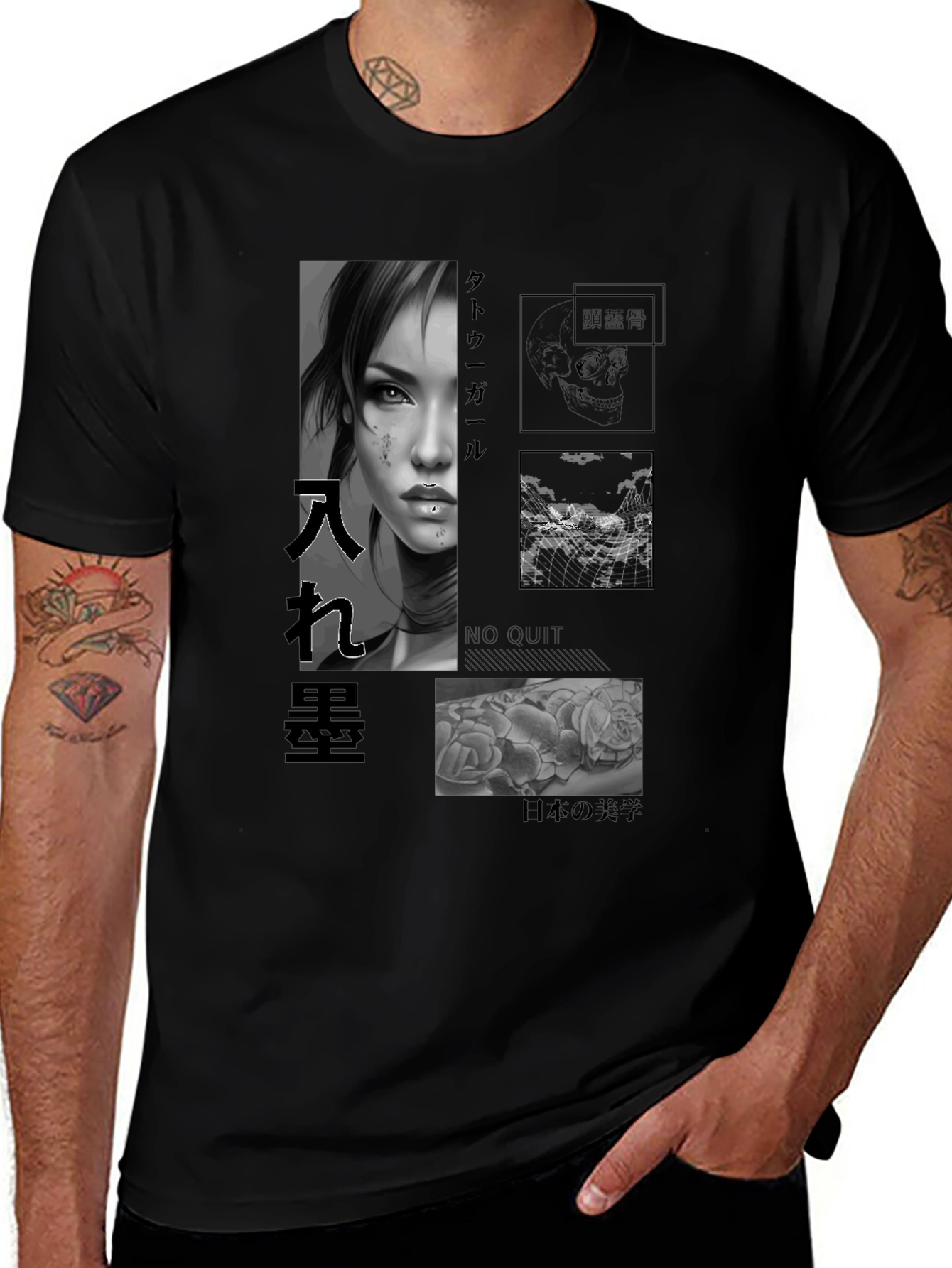 Variant 4 of Artistic Black T-Shirt with Tattoo Girl Design
