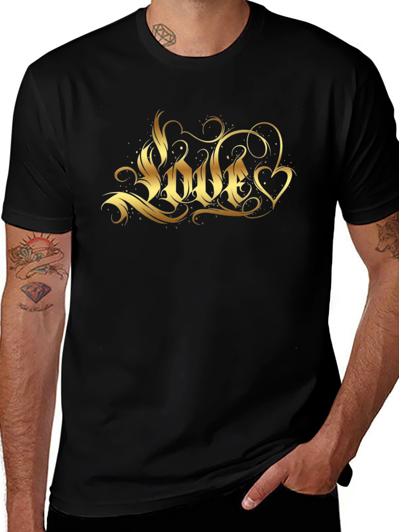 Variant 30 of Men's Black T-Shirt with Gold Love Graphic