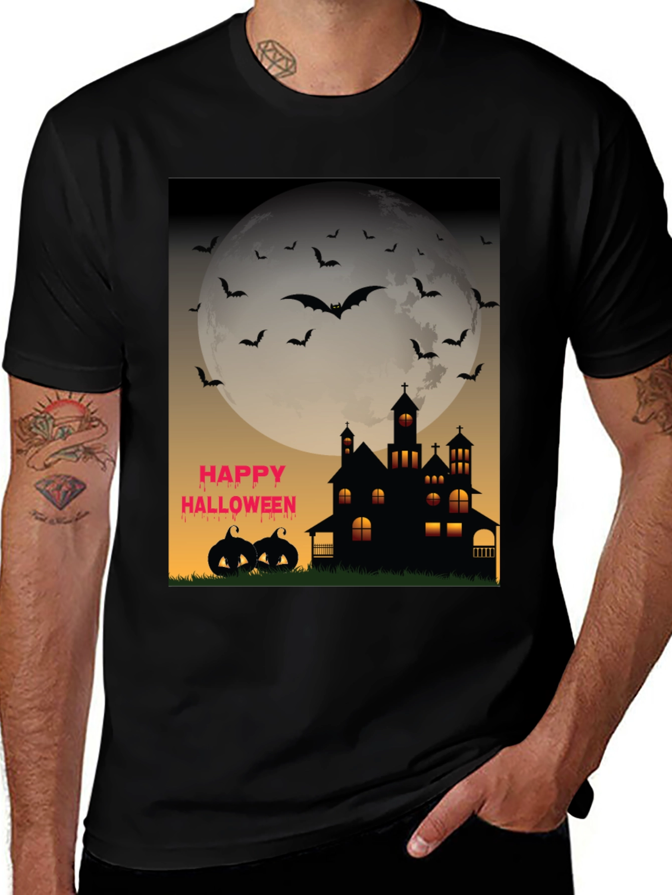Halloween T-Shirt - Haunted House Bats and Pumpkins