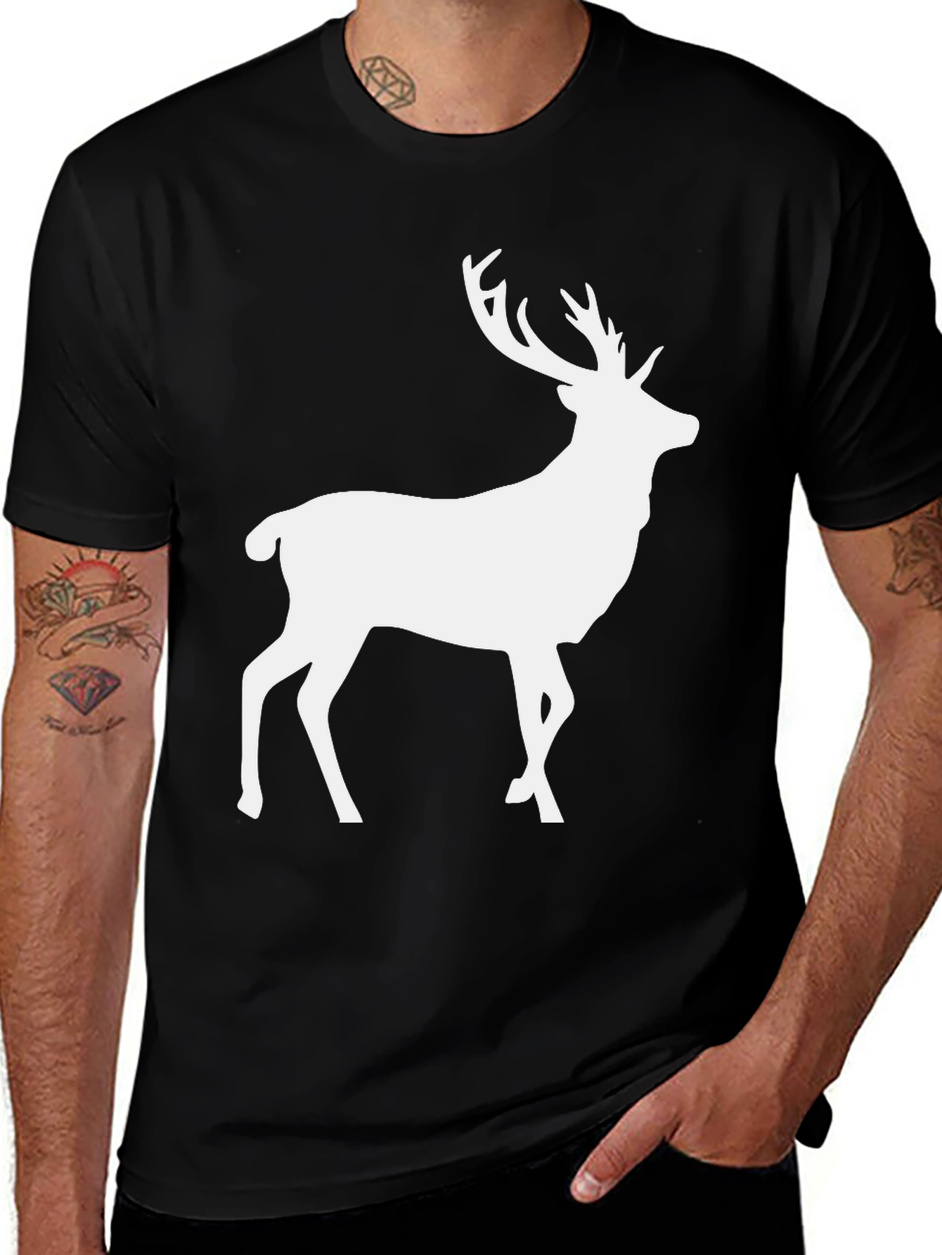 Variant 15 of Men's Black T-Shirt with White Deer Graphic