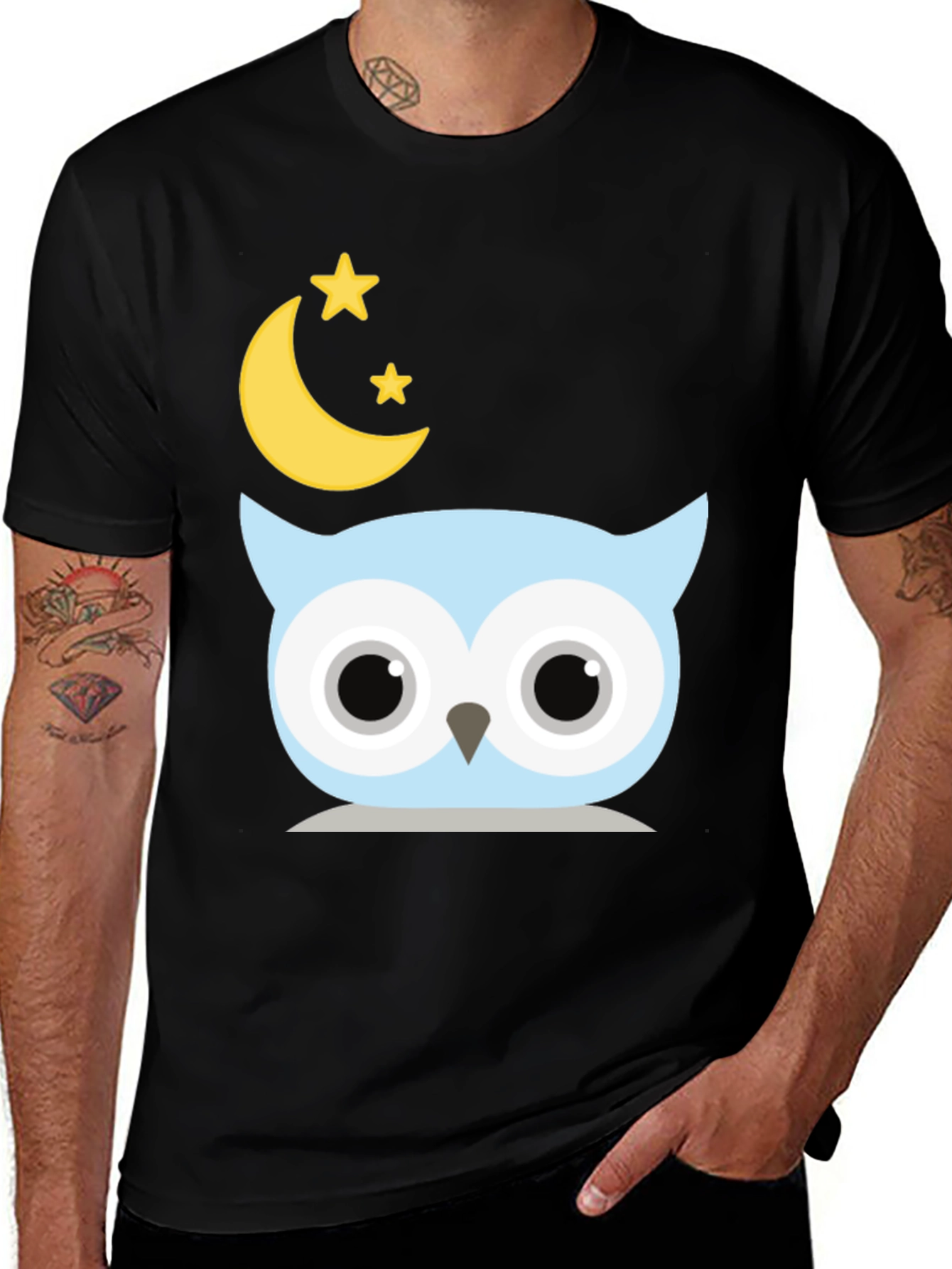 Variant 30 of Cute Owl Moon Stars Graphic Black T-Shirt