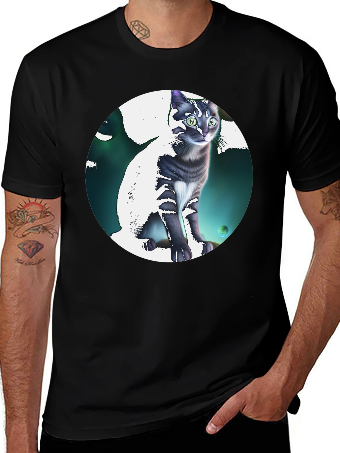 Variant 14 of Mystic Cat Graphic Tee - Black Cotton Blend Shirt